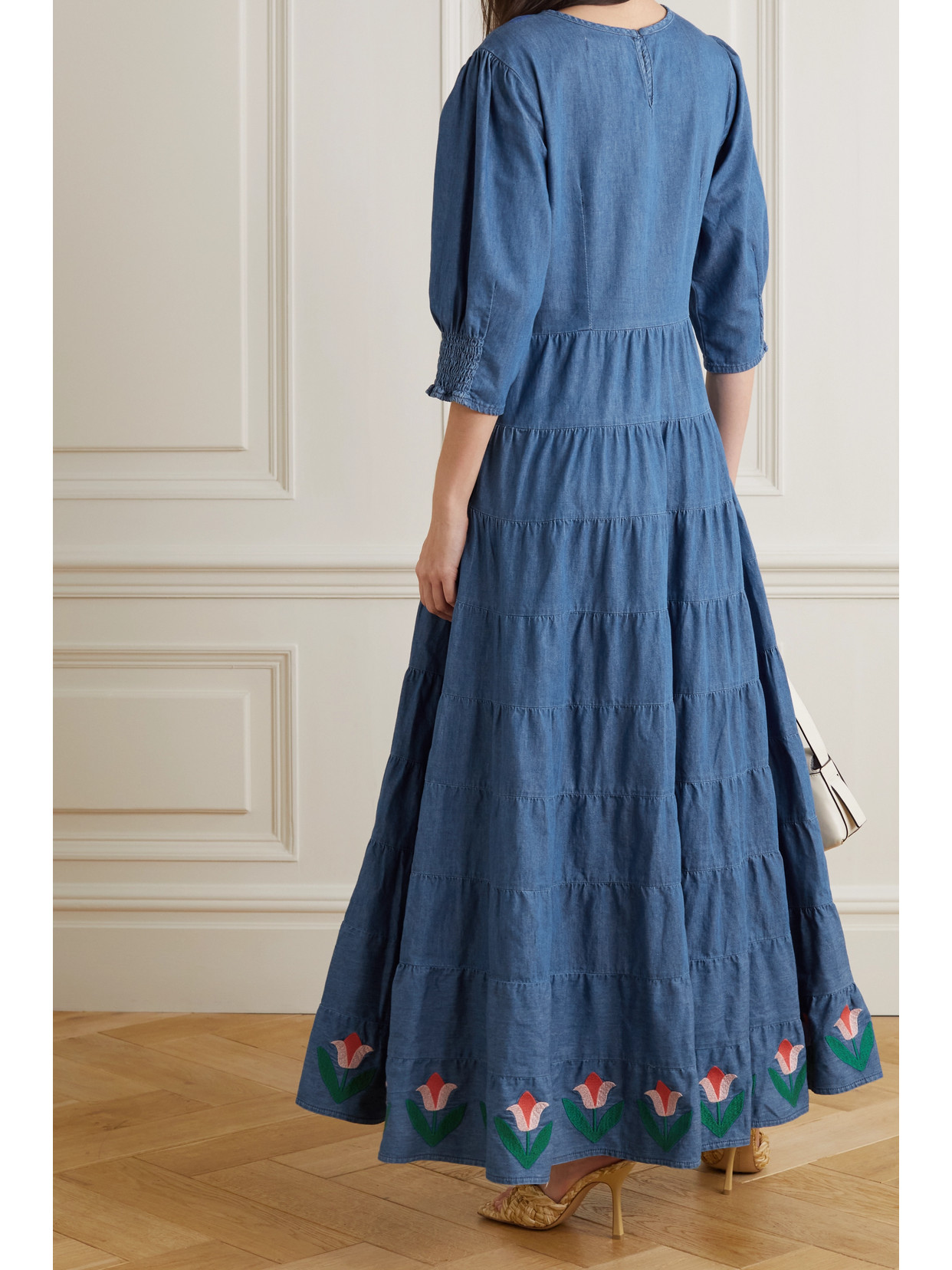 Rixo London Kristen Tiered Embroidered Denim Maxi Dress In Blue