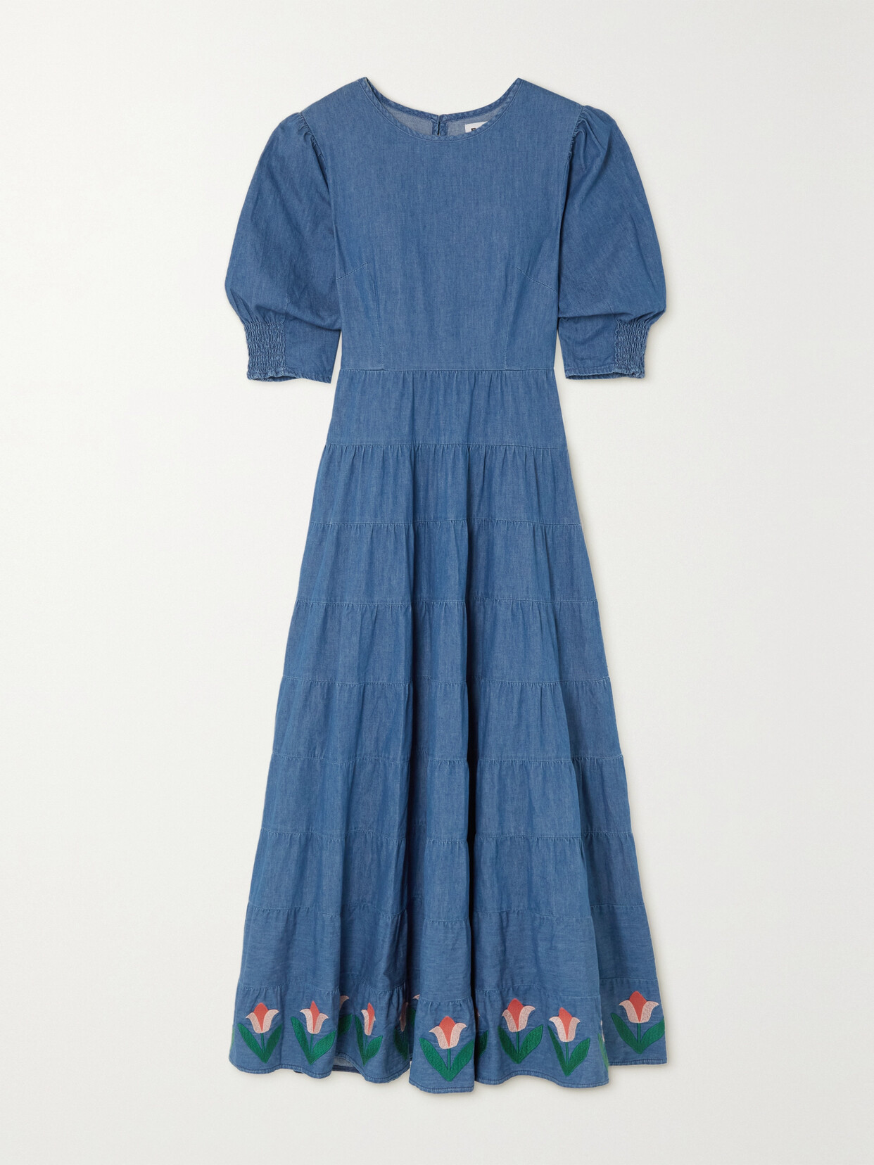 RIXO - Kristen Tiered Embroidered Denim Maxi Dress - Blue