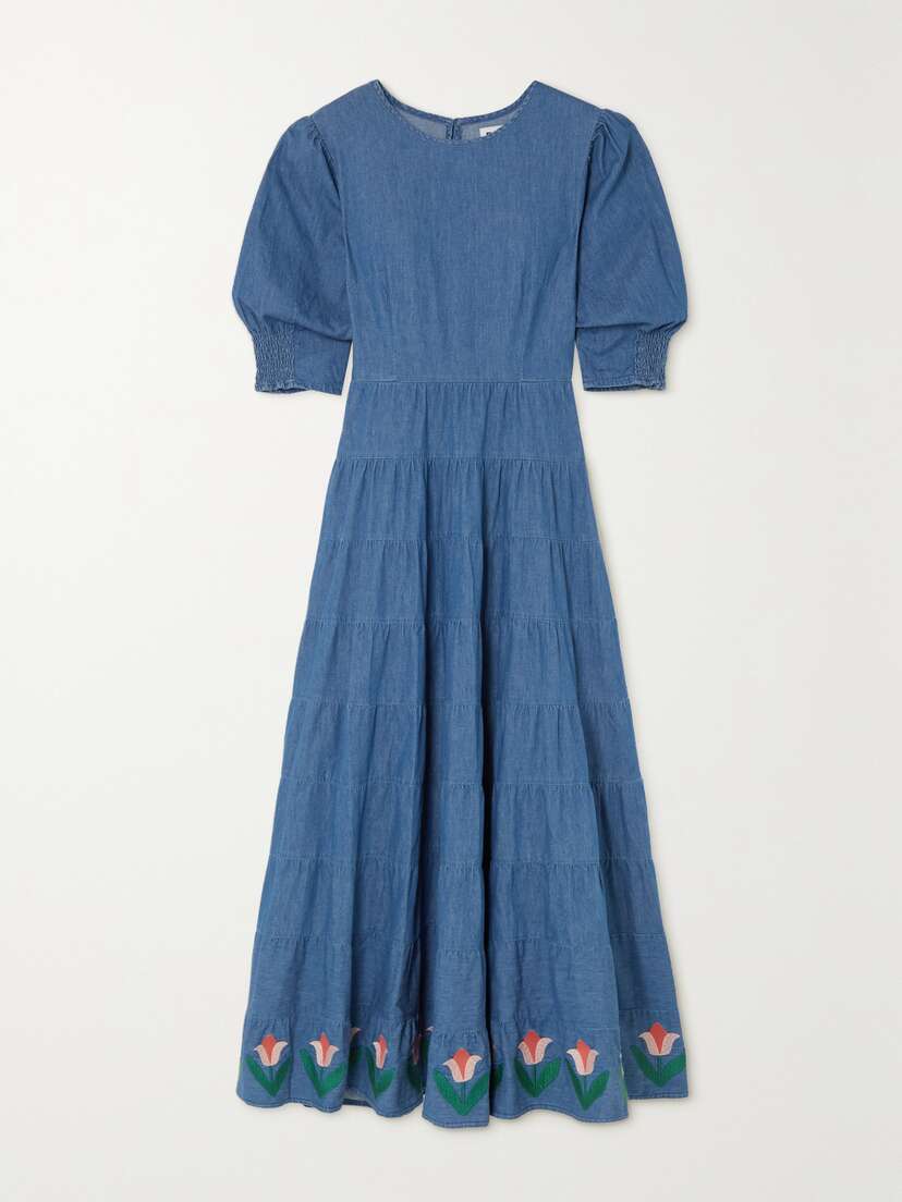 Rixo Kristen Tiered Embroidered Denim Maxi Dress