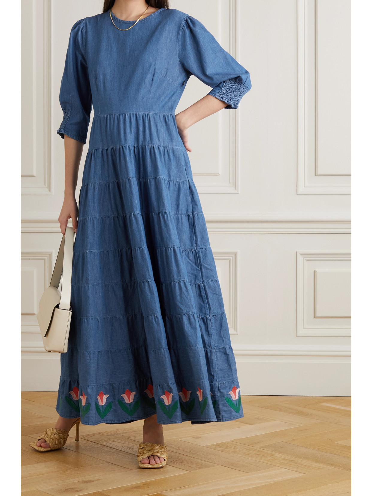 Rixo London Kristen Tiered Embroidered Denim Maxi Dress In Blue