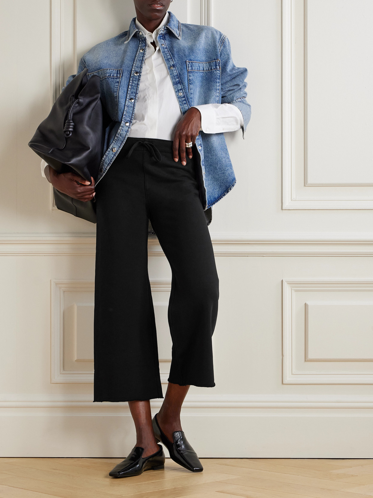 Nili Lotan Kiki Cropped Voile-trimmed Cotton-jersey Track Pants In Black