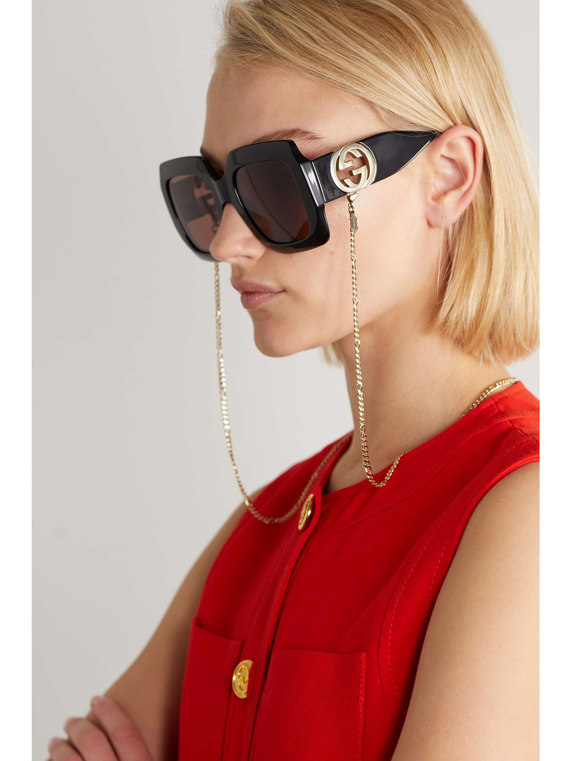 Black Oversized Embellished Square Frame Acetate And Gold Tone