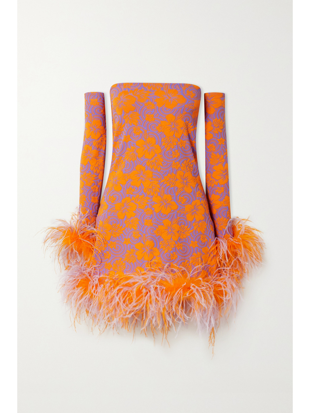 leslie amon orange dress Leslie Amon Laurie Convertible Feather-trimmed Floral-jacquard Mini Dress  In Orange