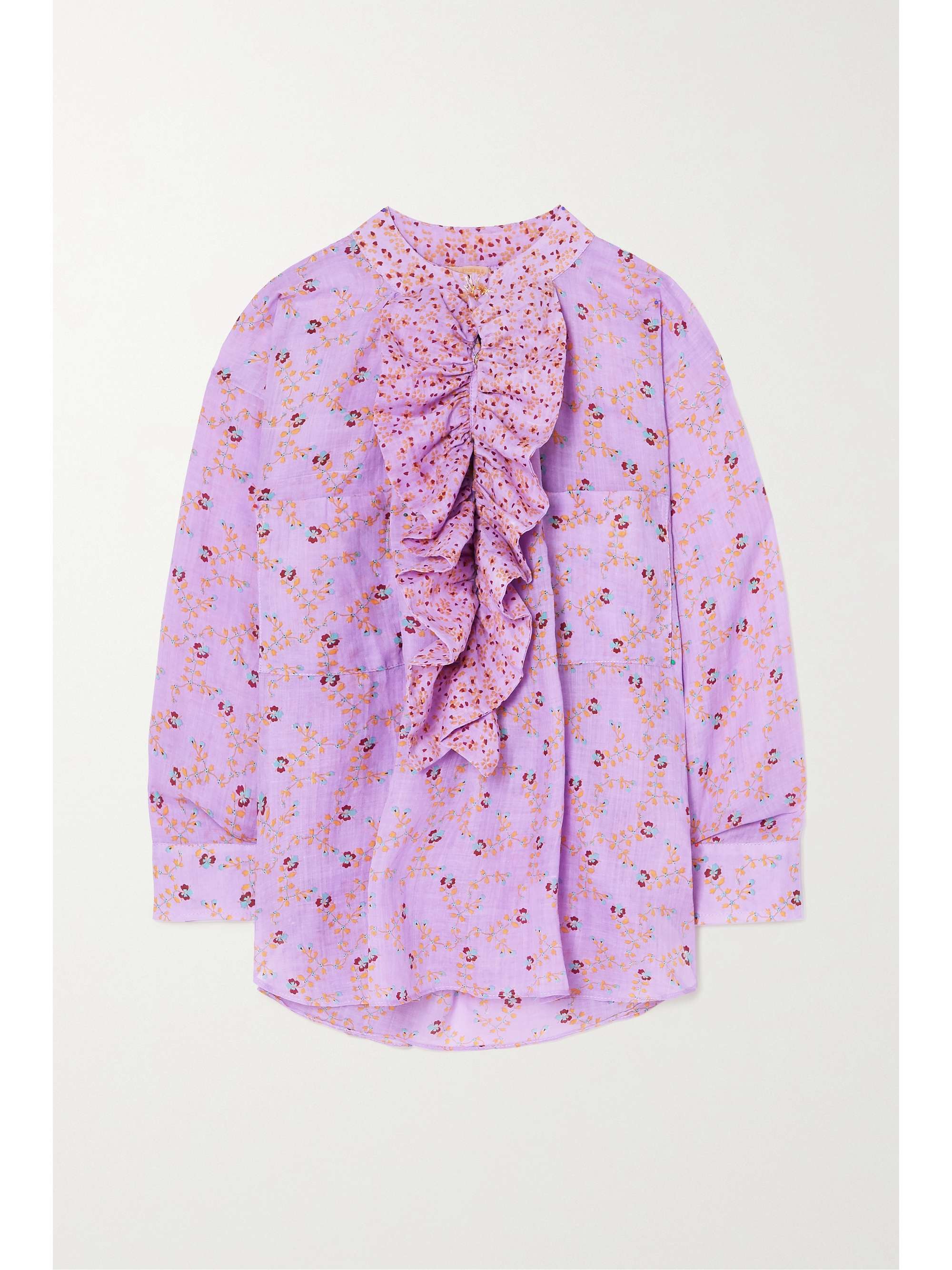 Purple Ruffled floral-print linen 