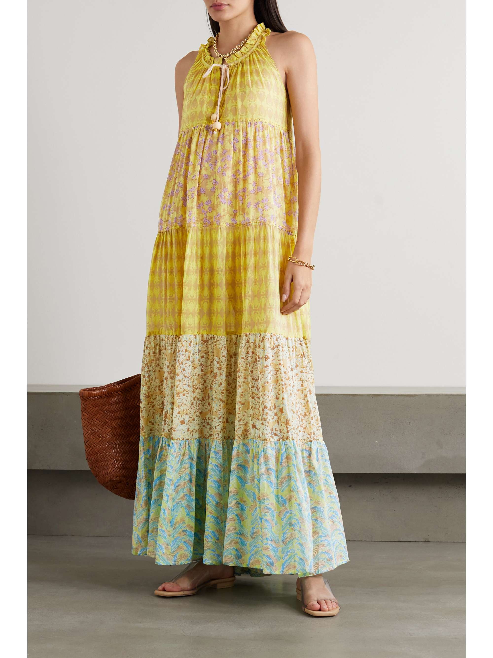 Lime green Tiered floral-print cotton 