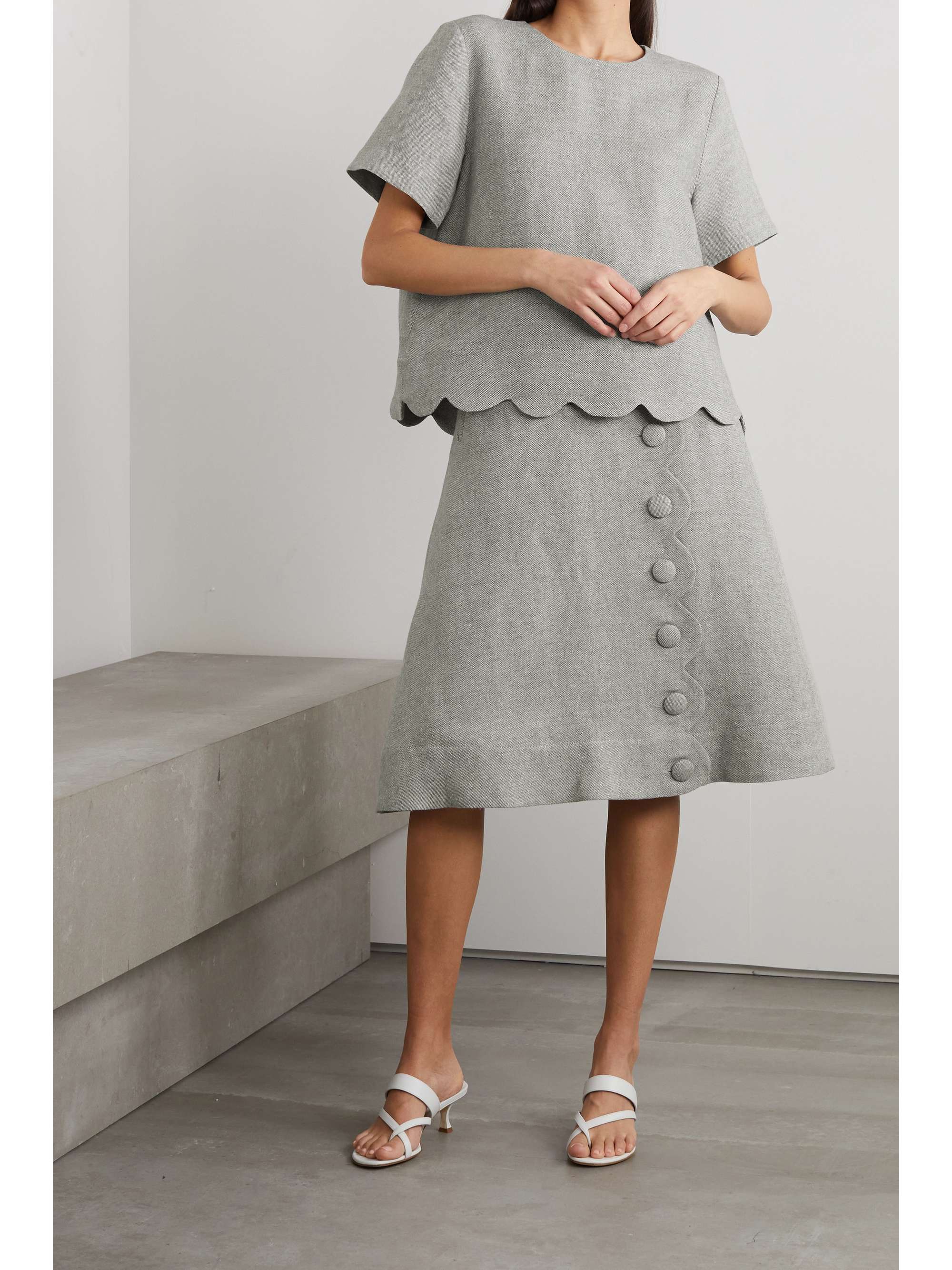 LISA MARIE FERNANDEZ + NET SUSTAIN scalloped linen-blend midi skirt