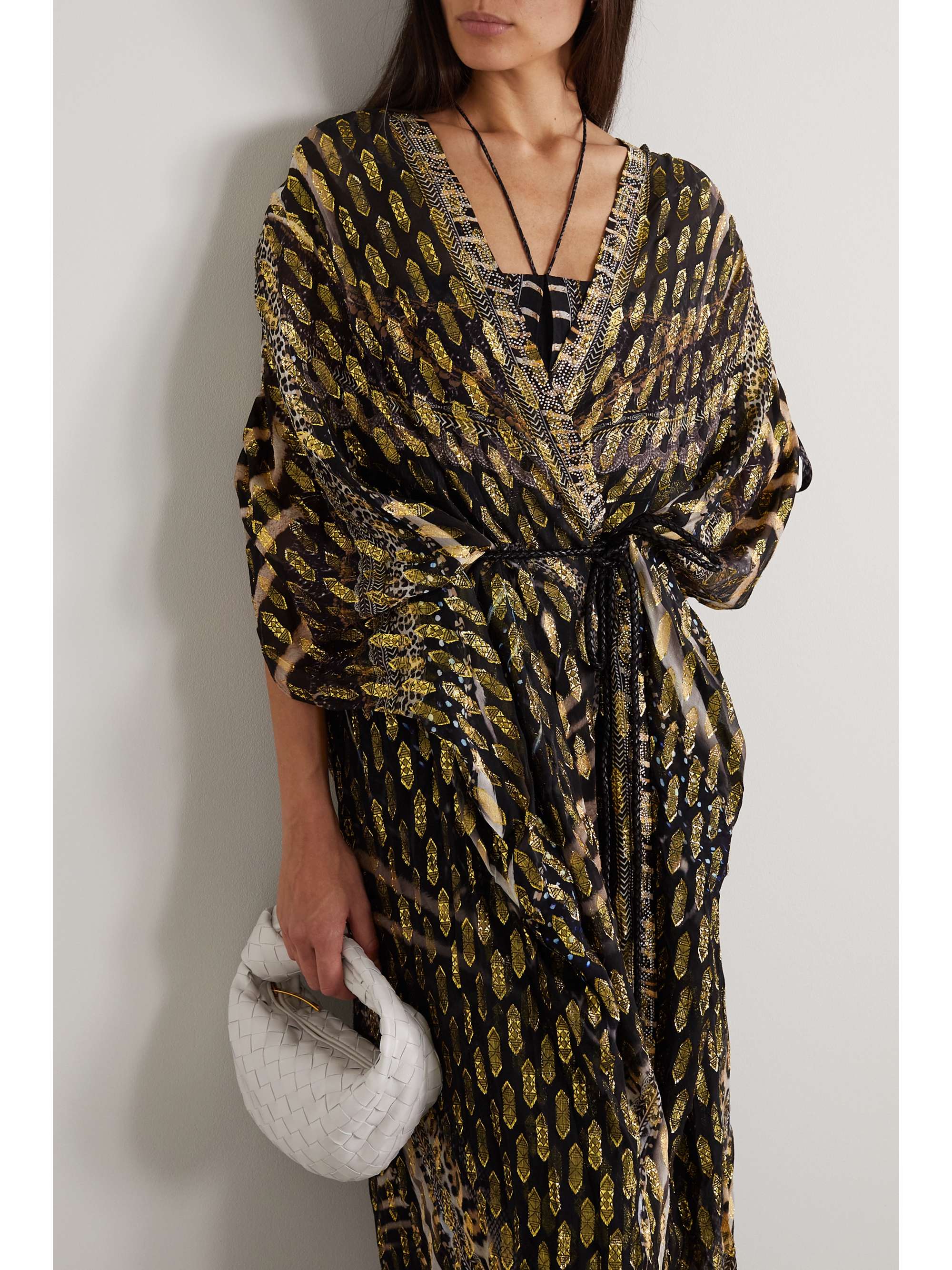 CAMILLA Embellished printed fil coupé silk and Lurex-blend chiffon robe