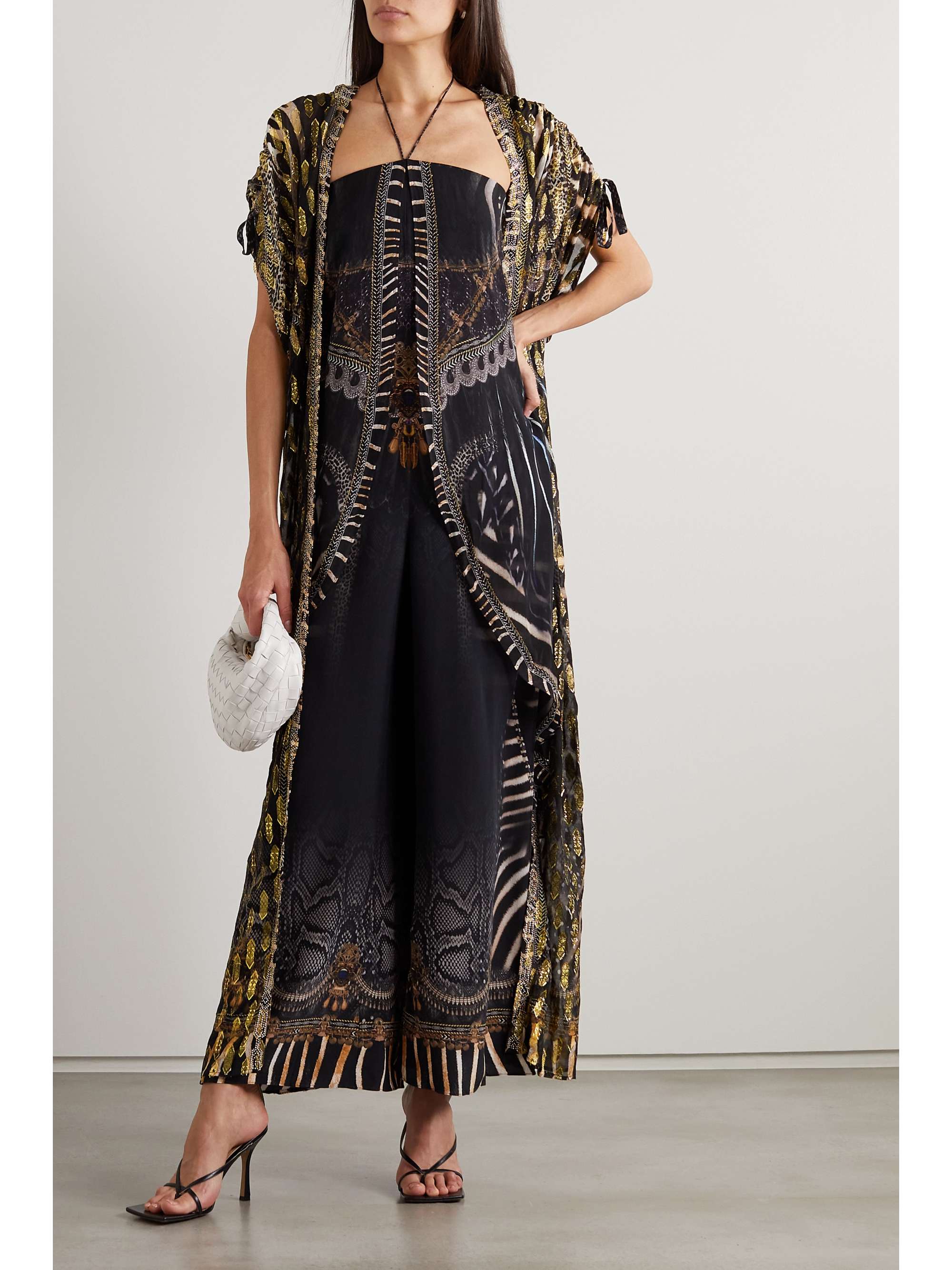 CAMILLA Embellished printed fil coupé silk and Lurex-blend chiffon robe