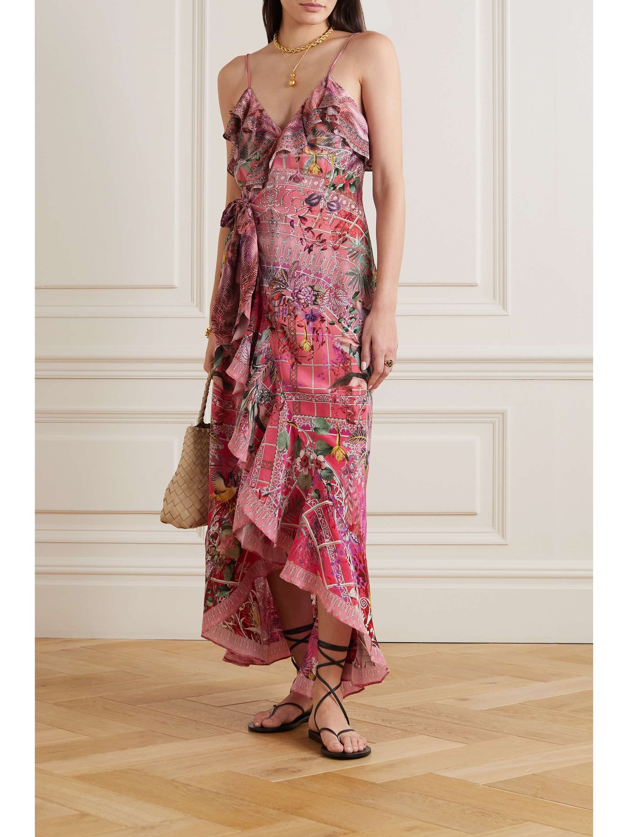 Pink Crystal-embellished ruffled printed silk crepe de chine wrap dress |  CAMILLA | NET-A-PORTER