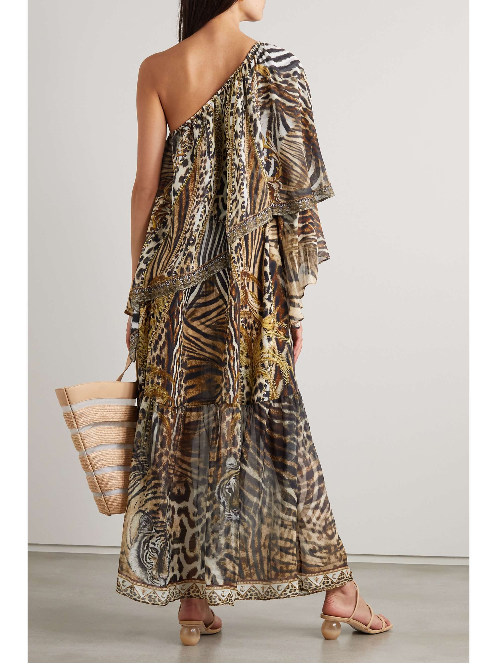 CAMILLA One-sleeve embellished animal-print silk-chiffon dress