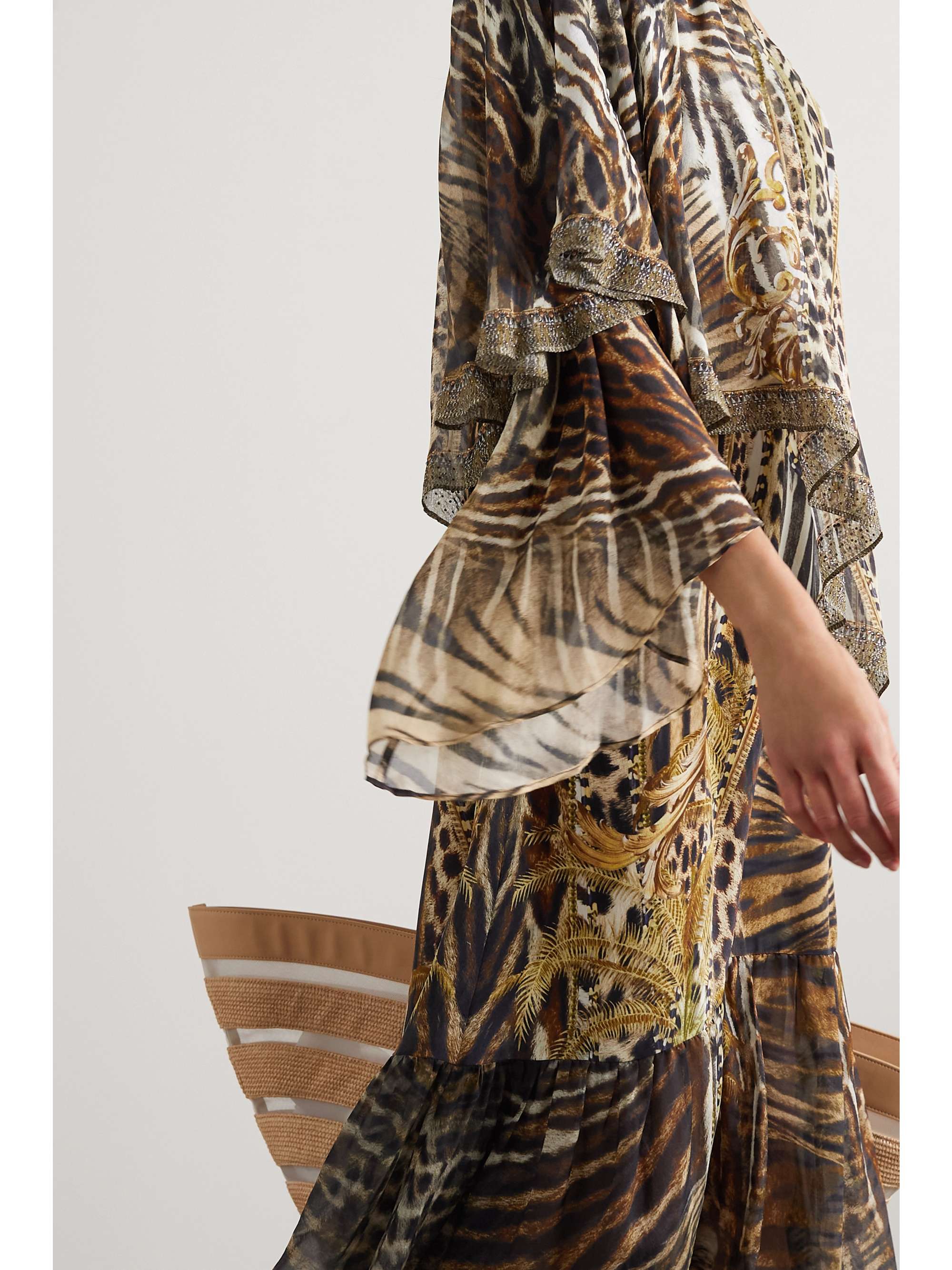 CAMILLA One-sleeve embellished animal-print silk-chiffon dress
