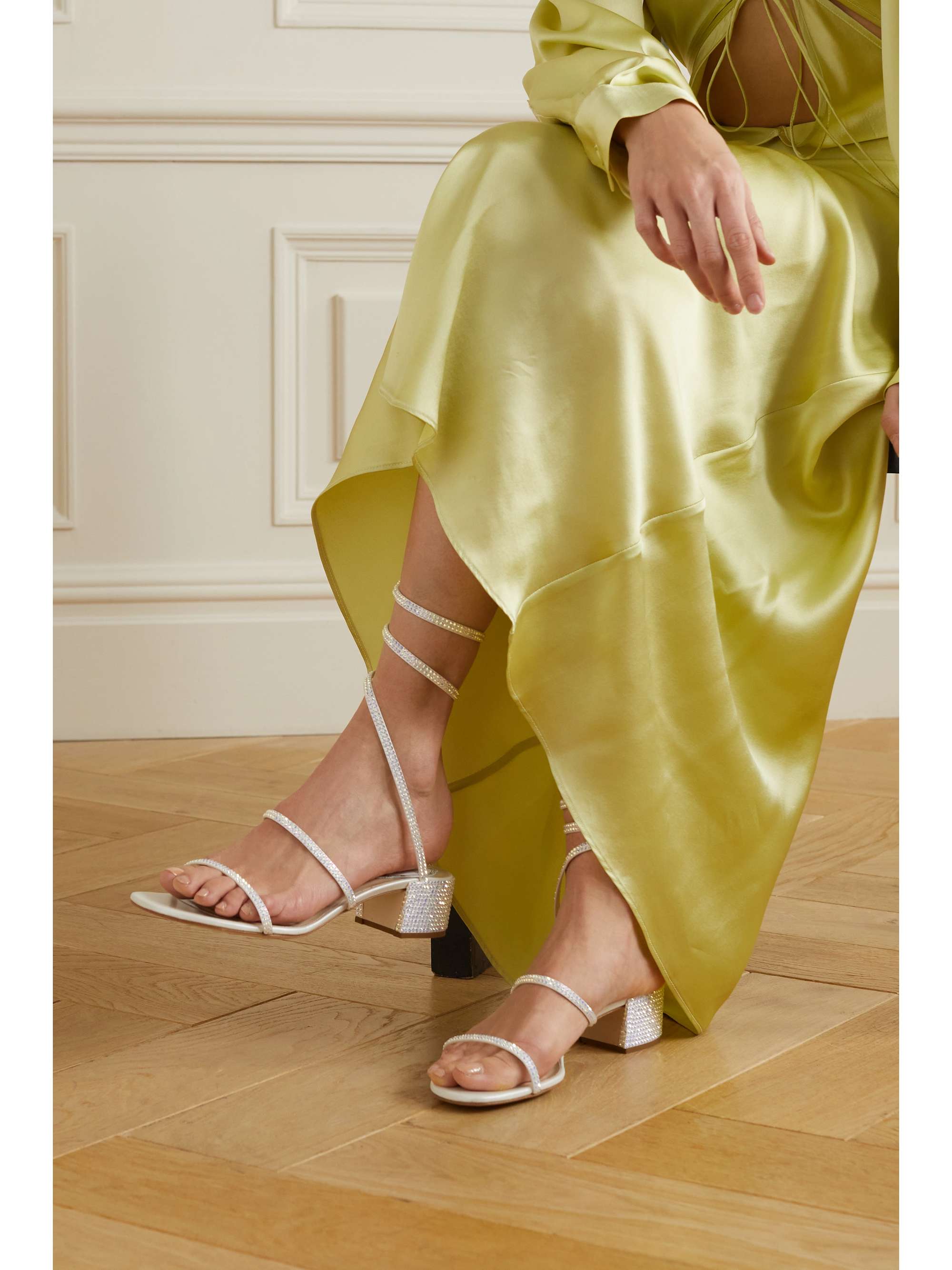 White Cleo crystal-embellished satin and leather sandals | RENÃ CAOVILLA | NET-A-PORTER