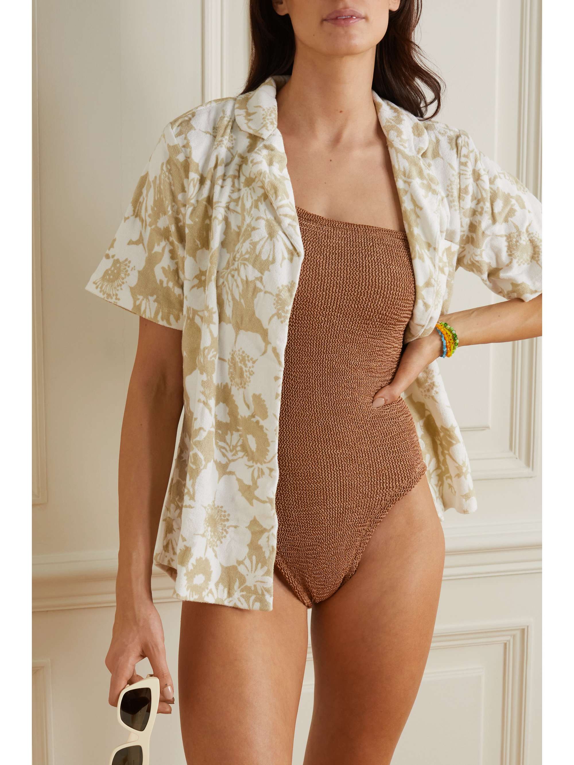 HUNZA G + NET SUSTAIN Nancy one-shoulder seersucker swimsuit