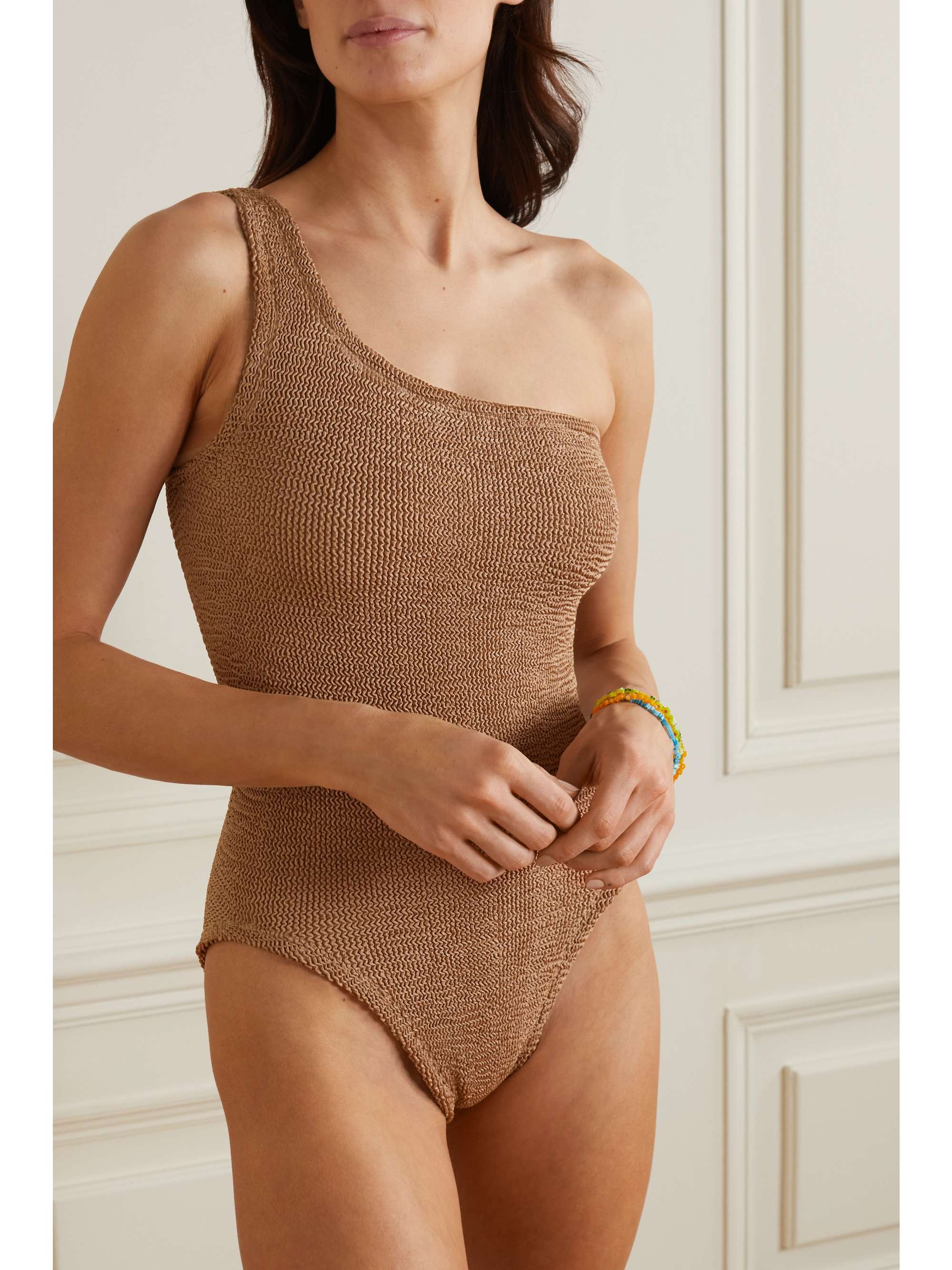 HUNZA G + NET SUSTAIN Nancy one-shoulder seersucker swimsuit