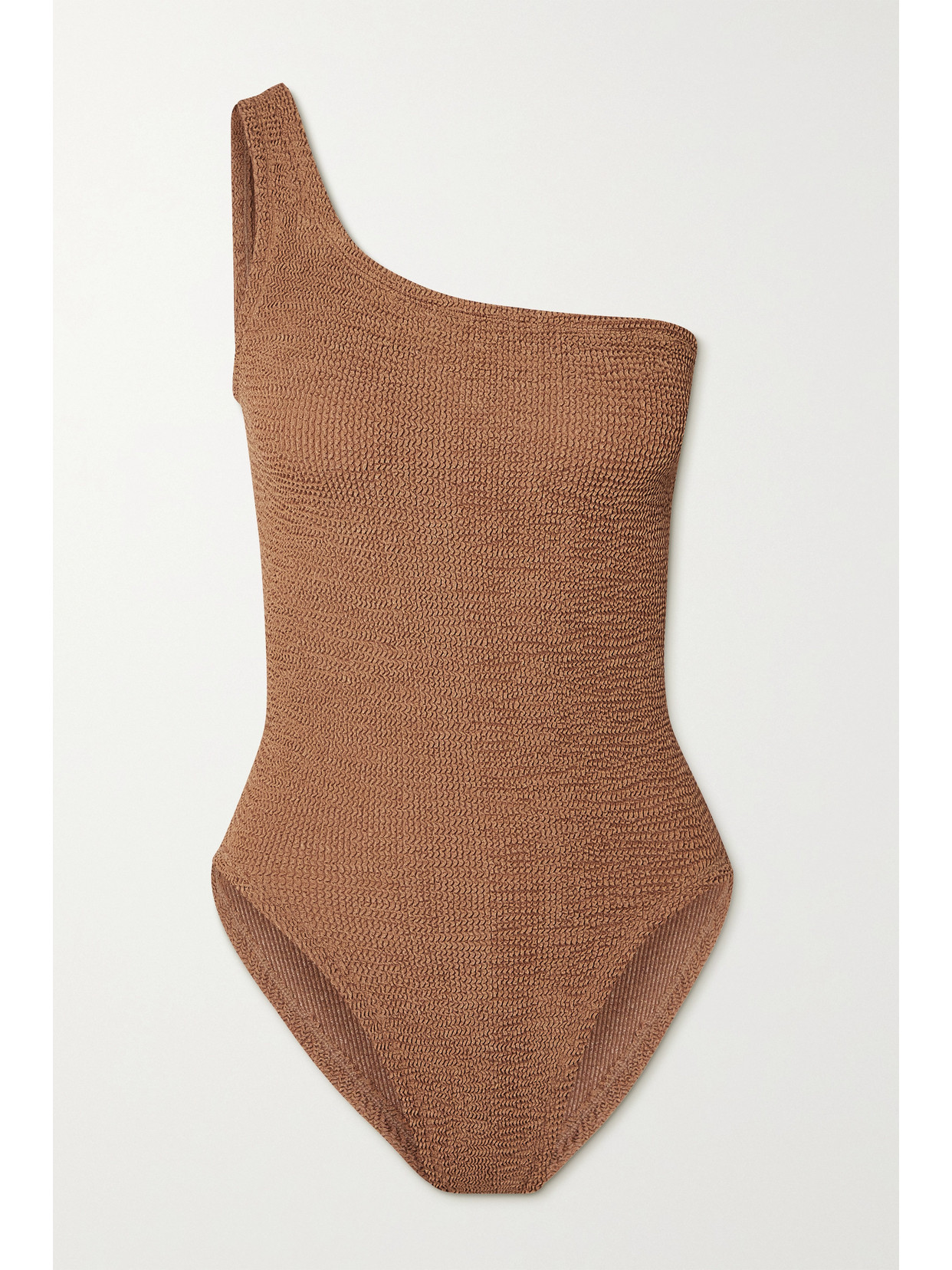 Hunza G + Net Sustain Nancy One-shoulder Seersucker Swimsuit In Brown