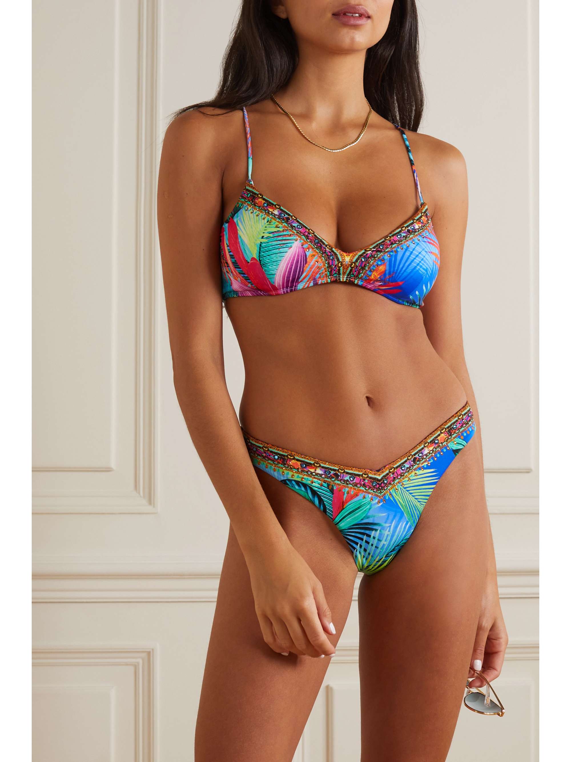CAMILLA Crystal-embellished printed bikini top