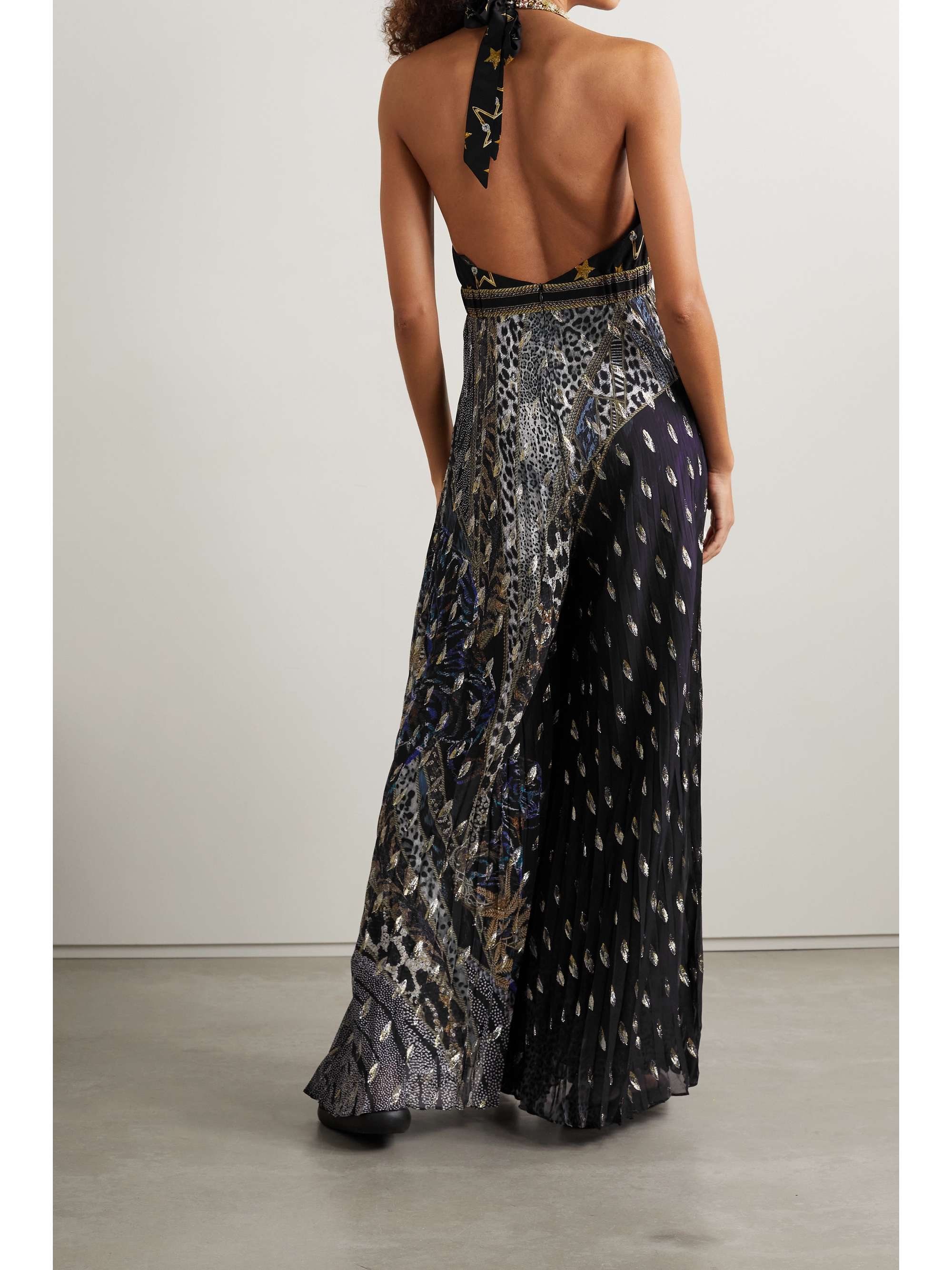 CAMILLA Open-back embellished printed fil coupé silk-crepe halterneck jumpsuit