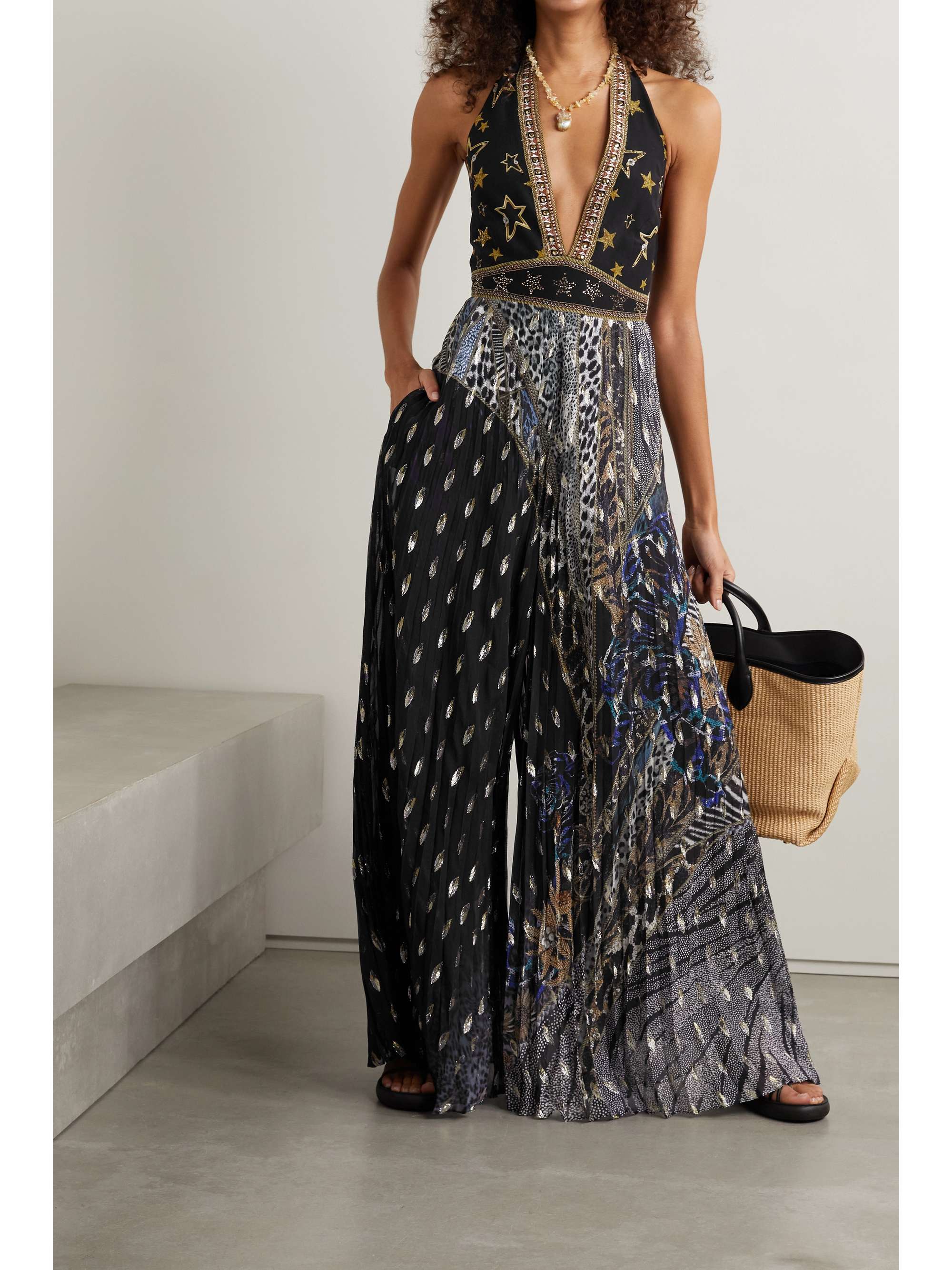 CAMILLA Open-back embellished printed fil coupé silk-crepe halterneck jumpsuit