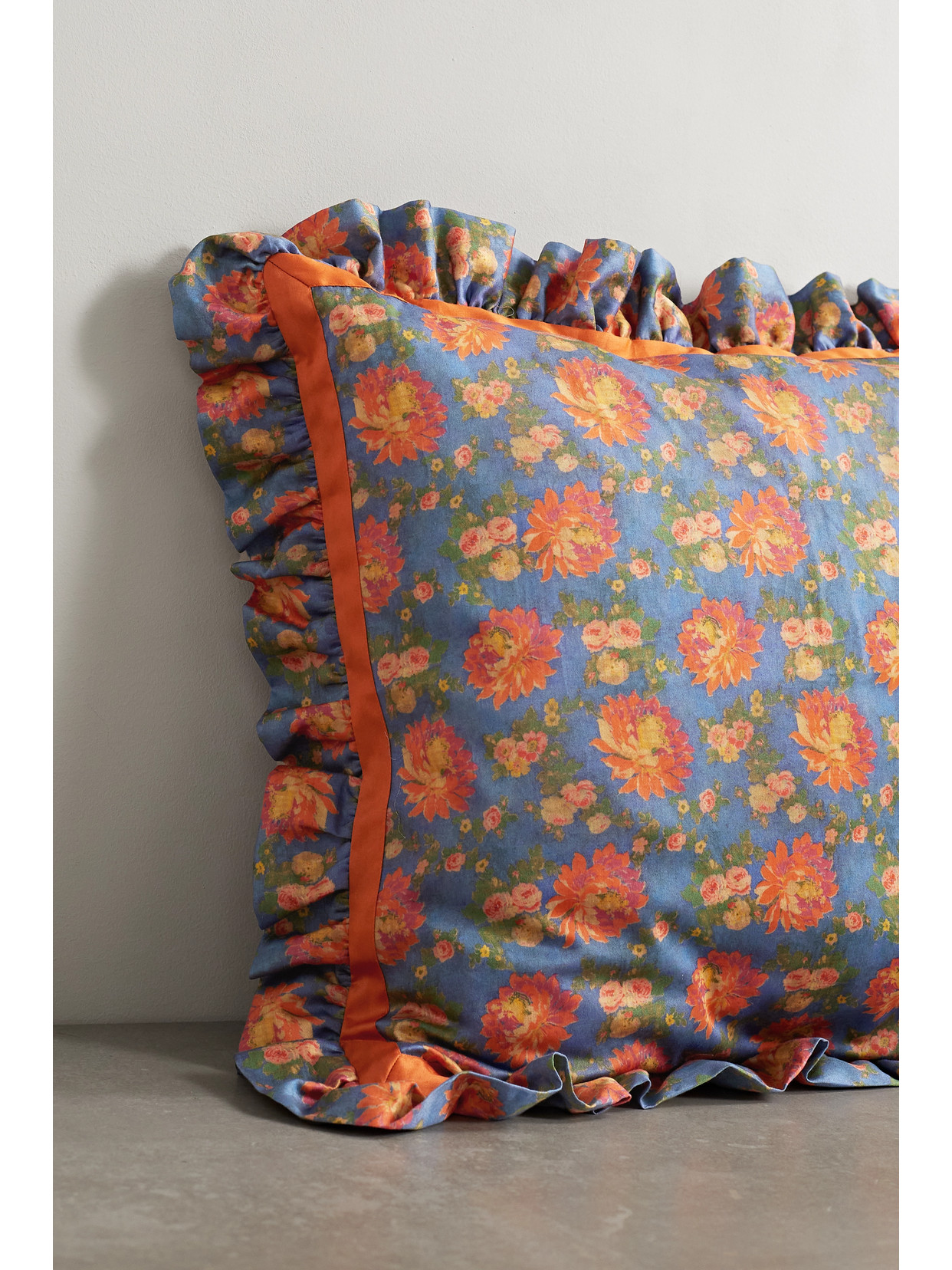 LORETTA CAPONI RUFFLED FLORAL-PRINT COTTON DOWN CUSHION