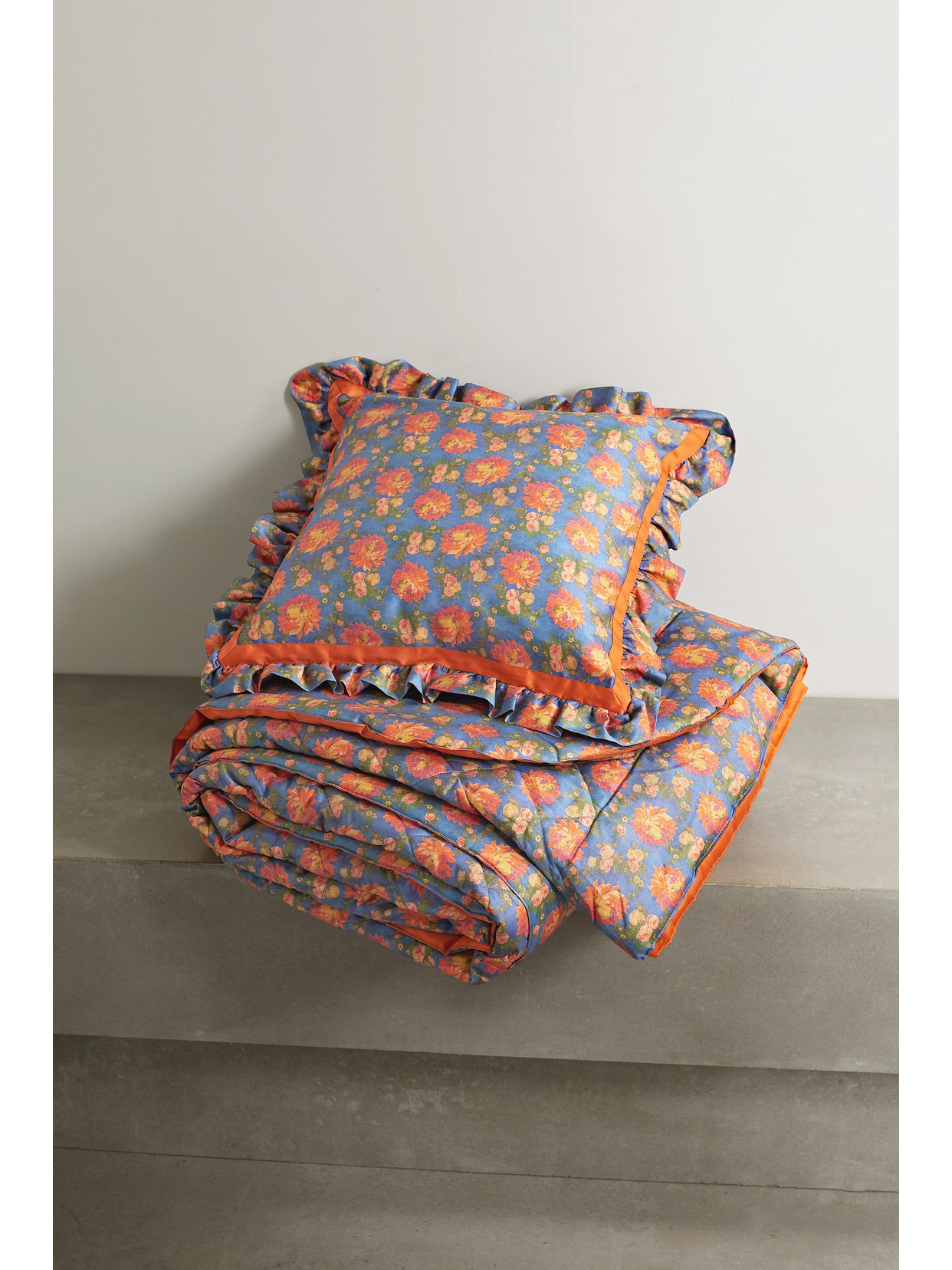 LORETTA CAPONI RUFFLED FLORAL-PRINT COTTON DOWN CUSHION
