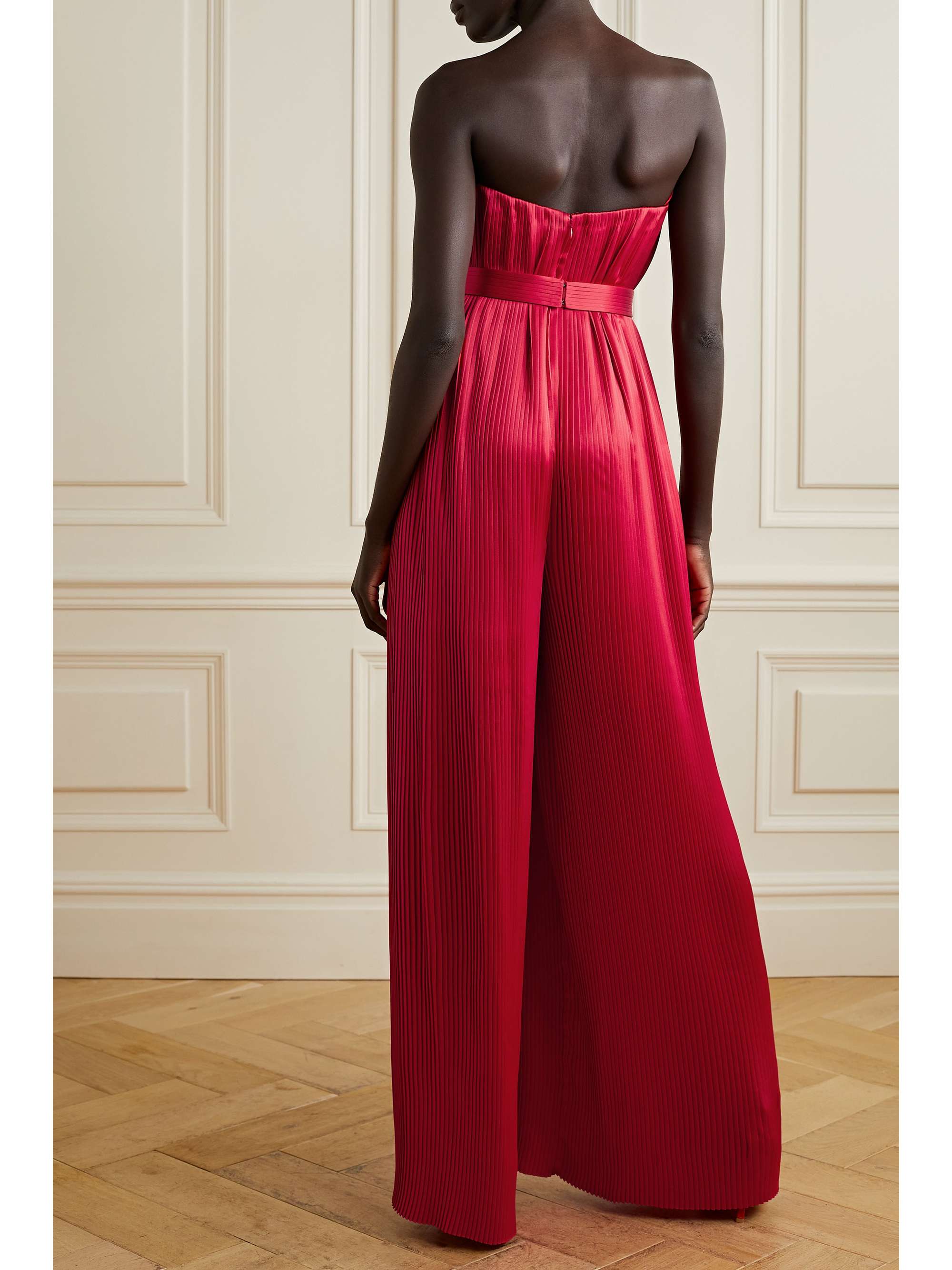SEMSEM Strapless belted plissé silk-satin jumpsuit