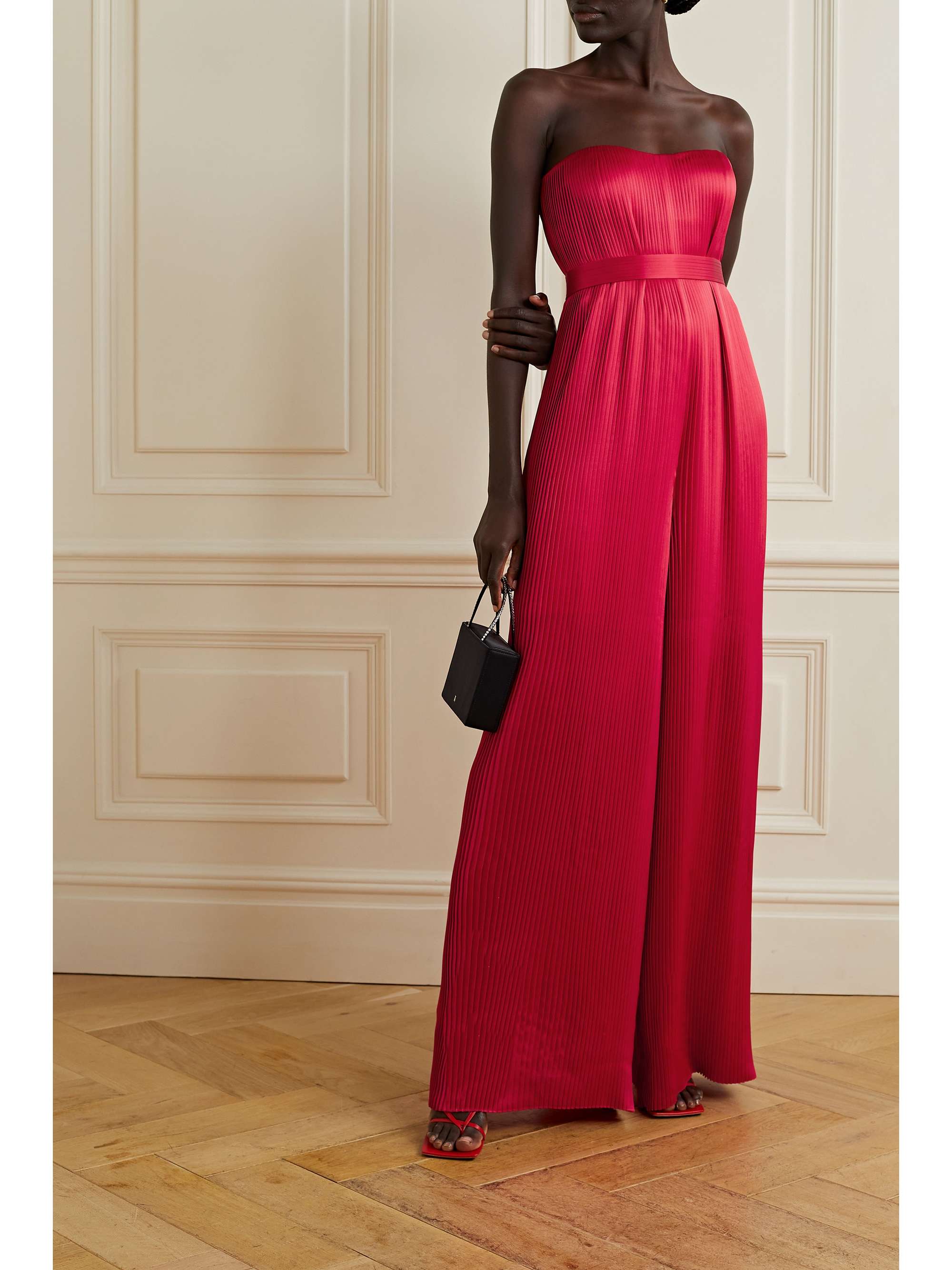 SEMSEM Strapless belted plissé silk-satin jumpsuit