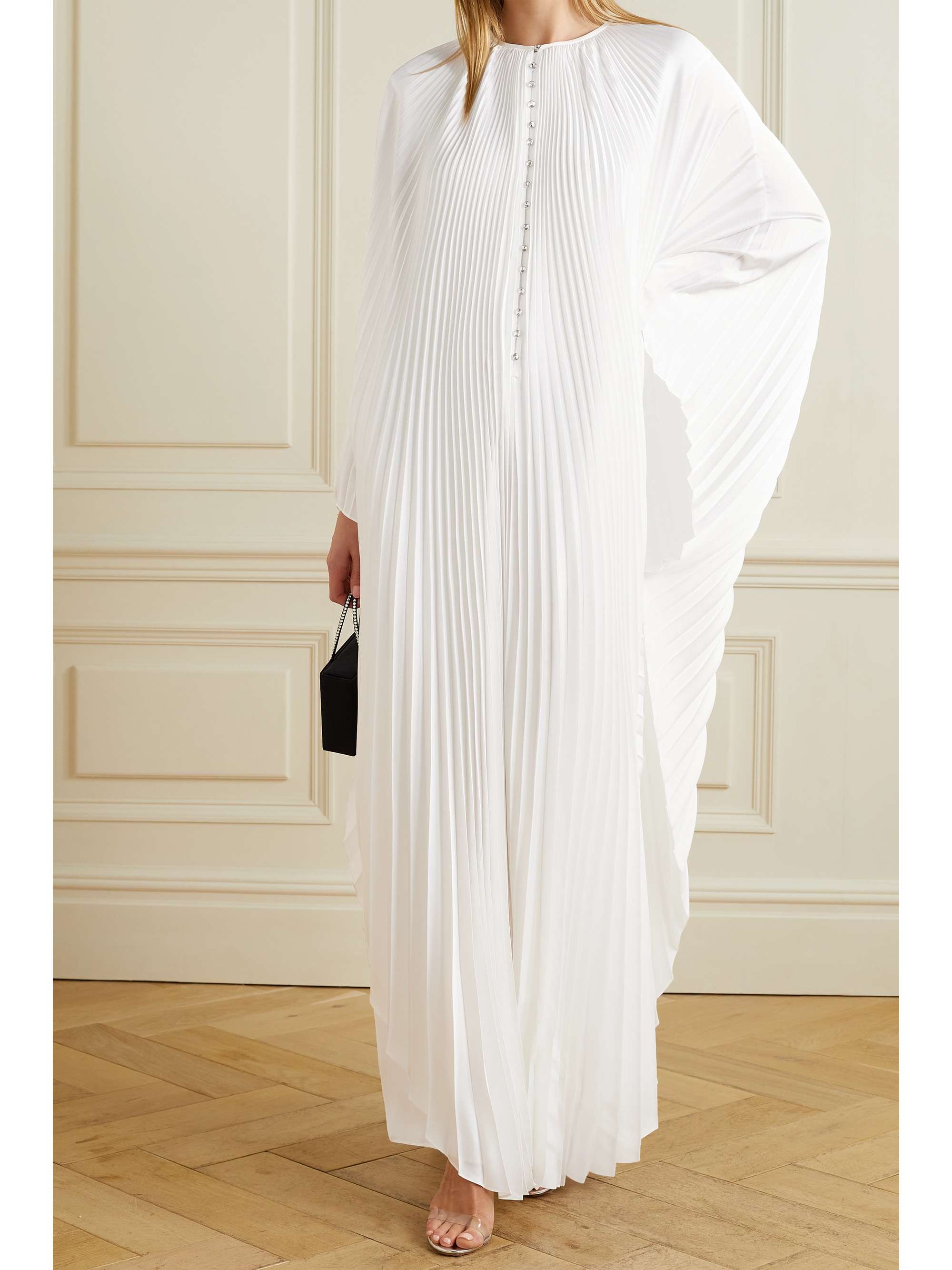 SEMSEM Crystal-embellished plissé-satin maxi dress
