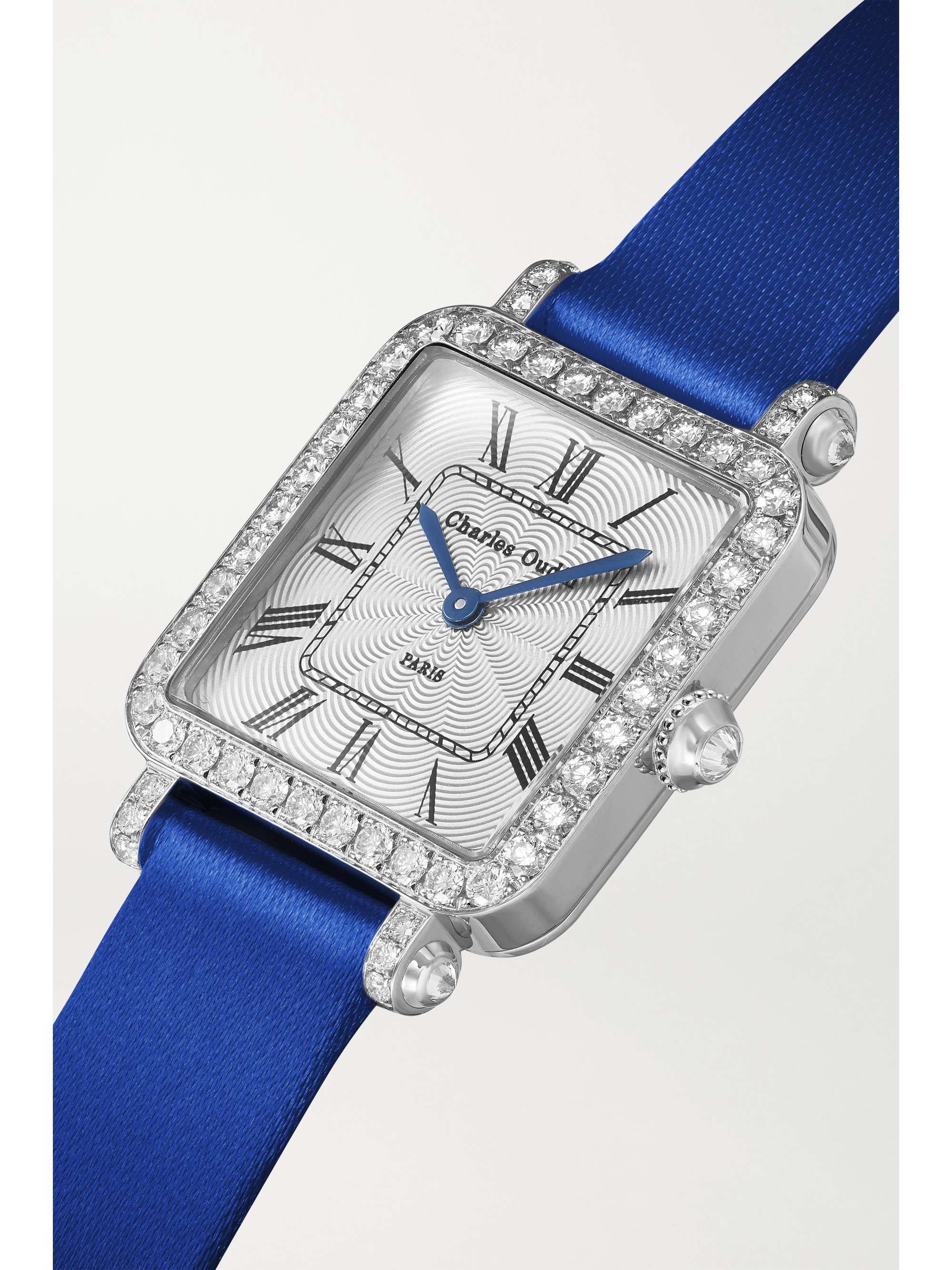CHARLES OUDIN Pansy Retro 24mm medium 18-karat white gold, satin, pearl and diamond watch