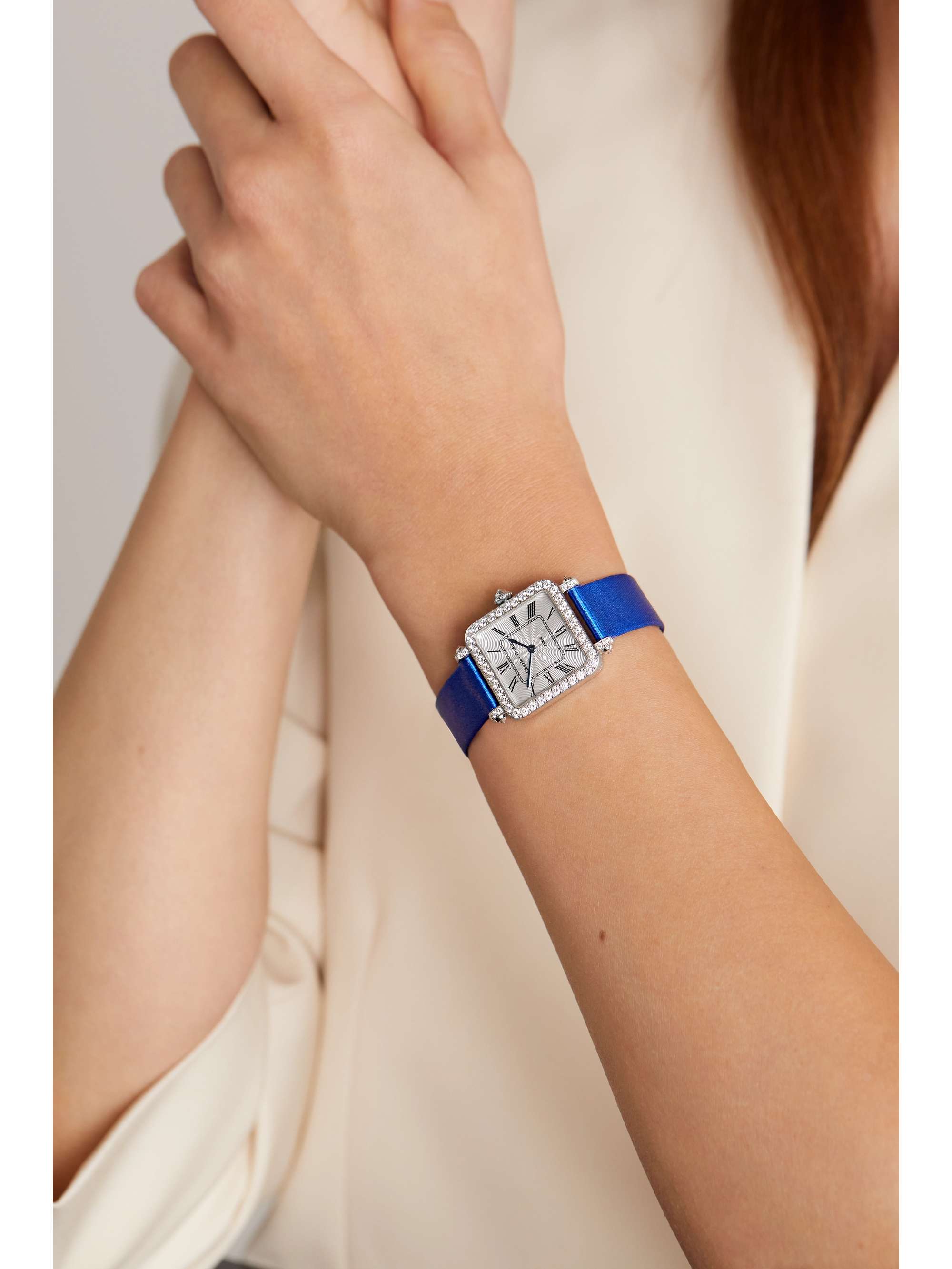 CHARLES OUDIN Pansy Retro 24mm medium 18-karat white gold, satin, pearl and diamond watch