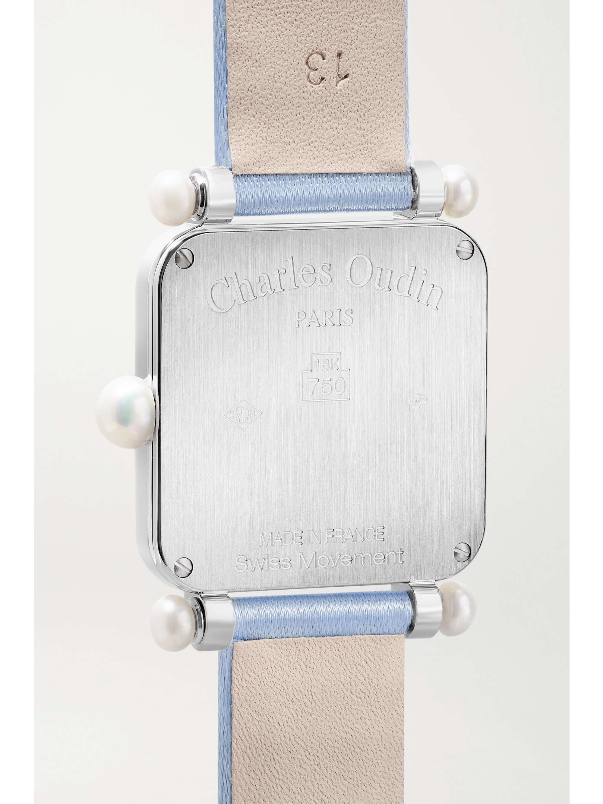 CHARLES OUDIN Montre en or blanc 18 carats (750/1000), perles, diamants et satin Pansy Retro Medium, 24 mm