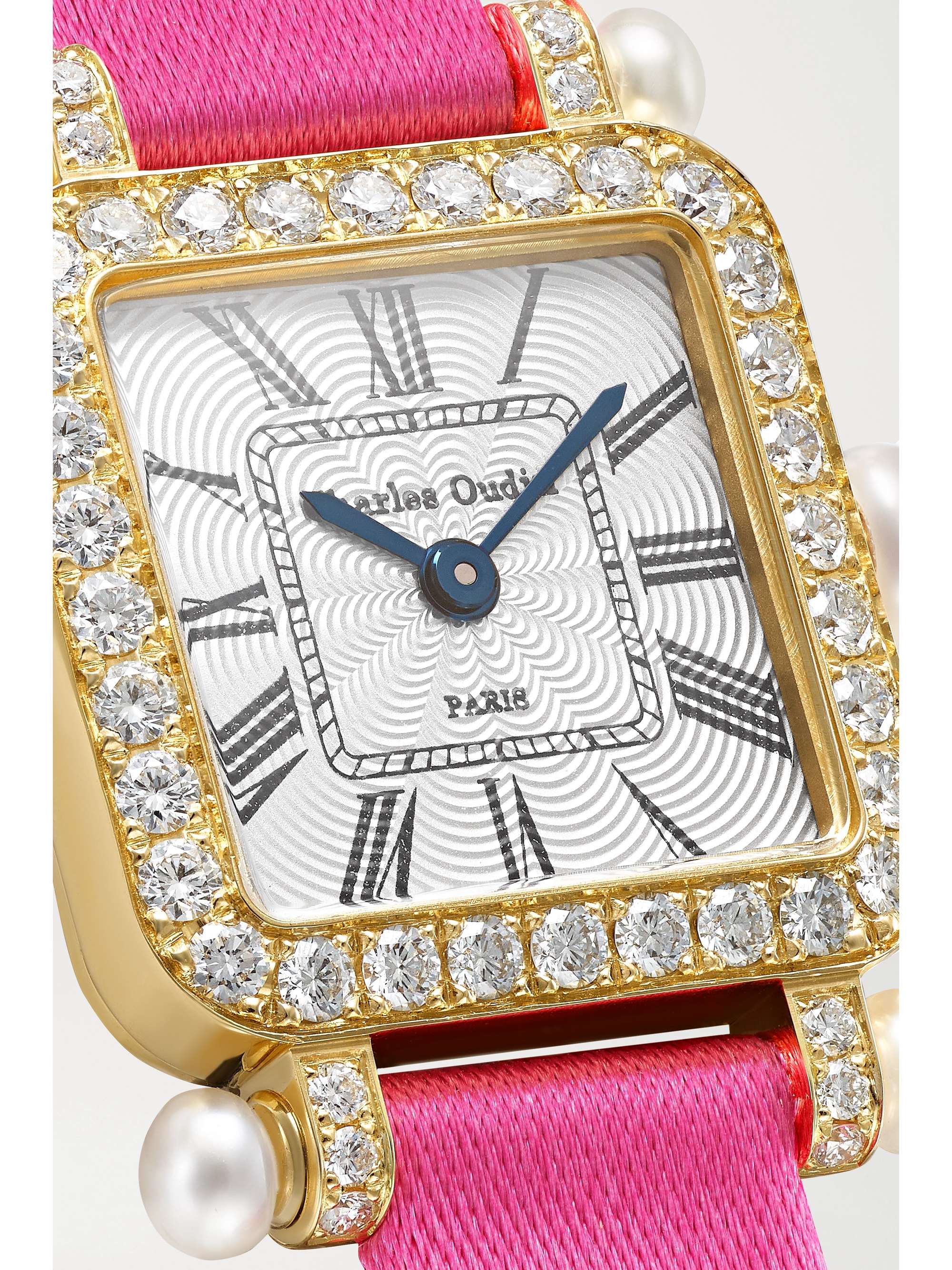 CHARLES OUDIN Pansy Retro 20mm mini 18-karat white gold, satin and diamond watch