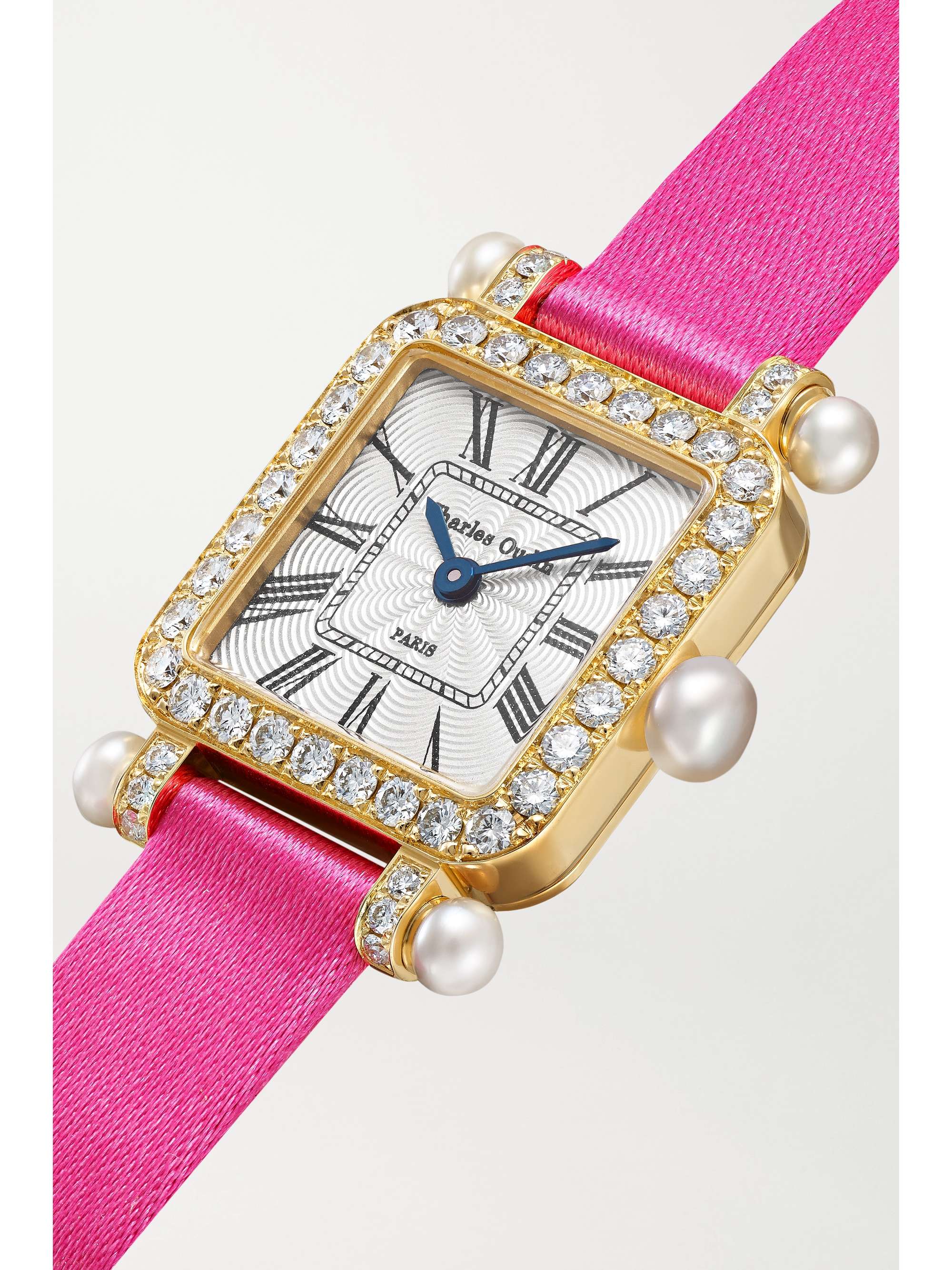 CHARLES OUDIN Pansy Retro 20mm mini 18-karat white gold, satin and diamond watch