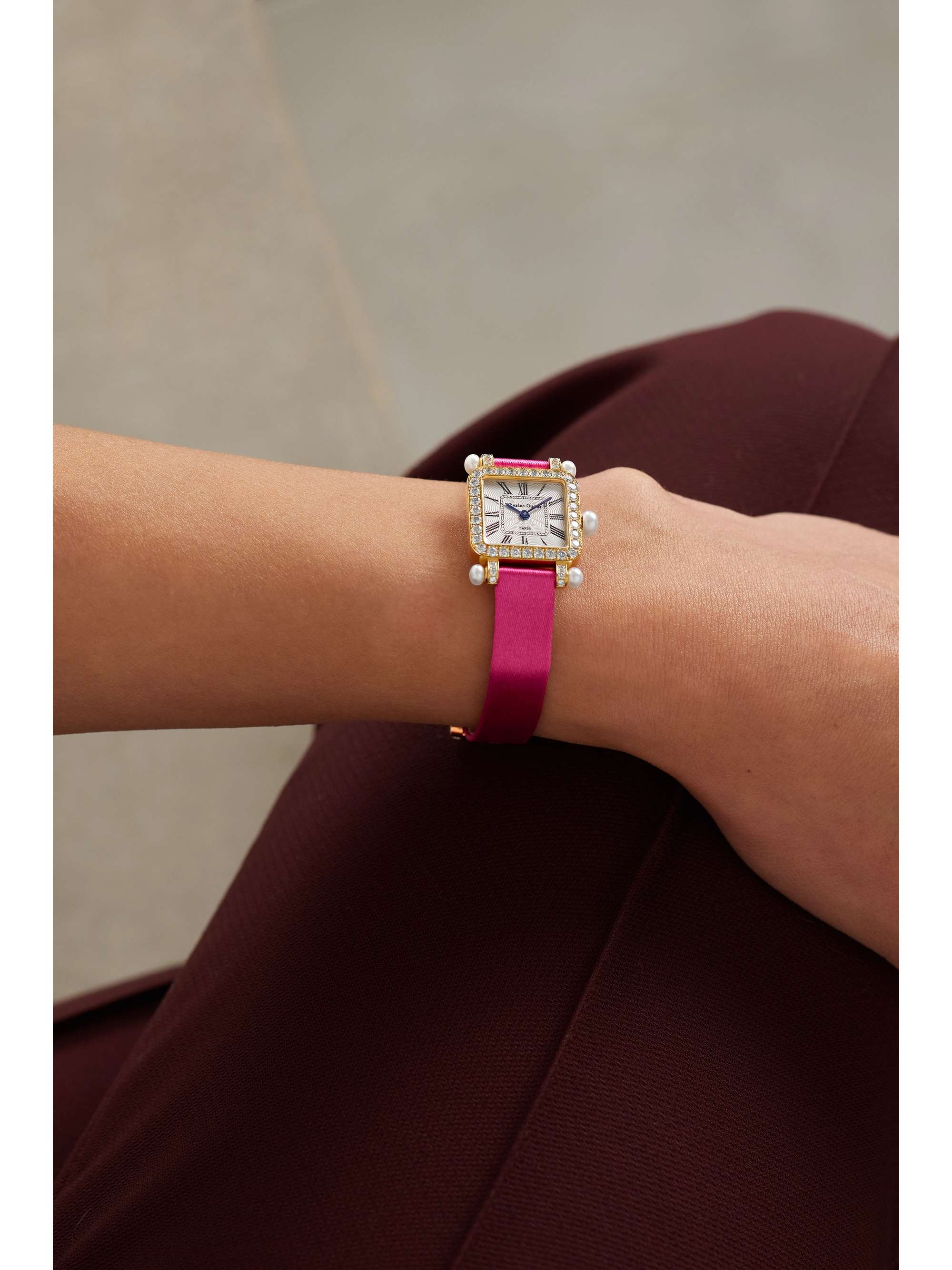 CHARLES OUDIN Pansy Retro 20mm mini 18-karat white gold, satin and diamond watch