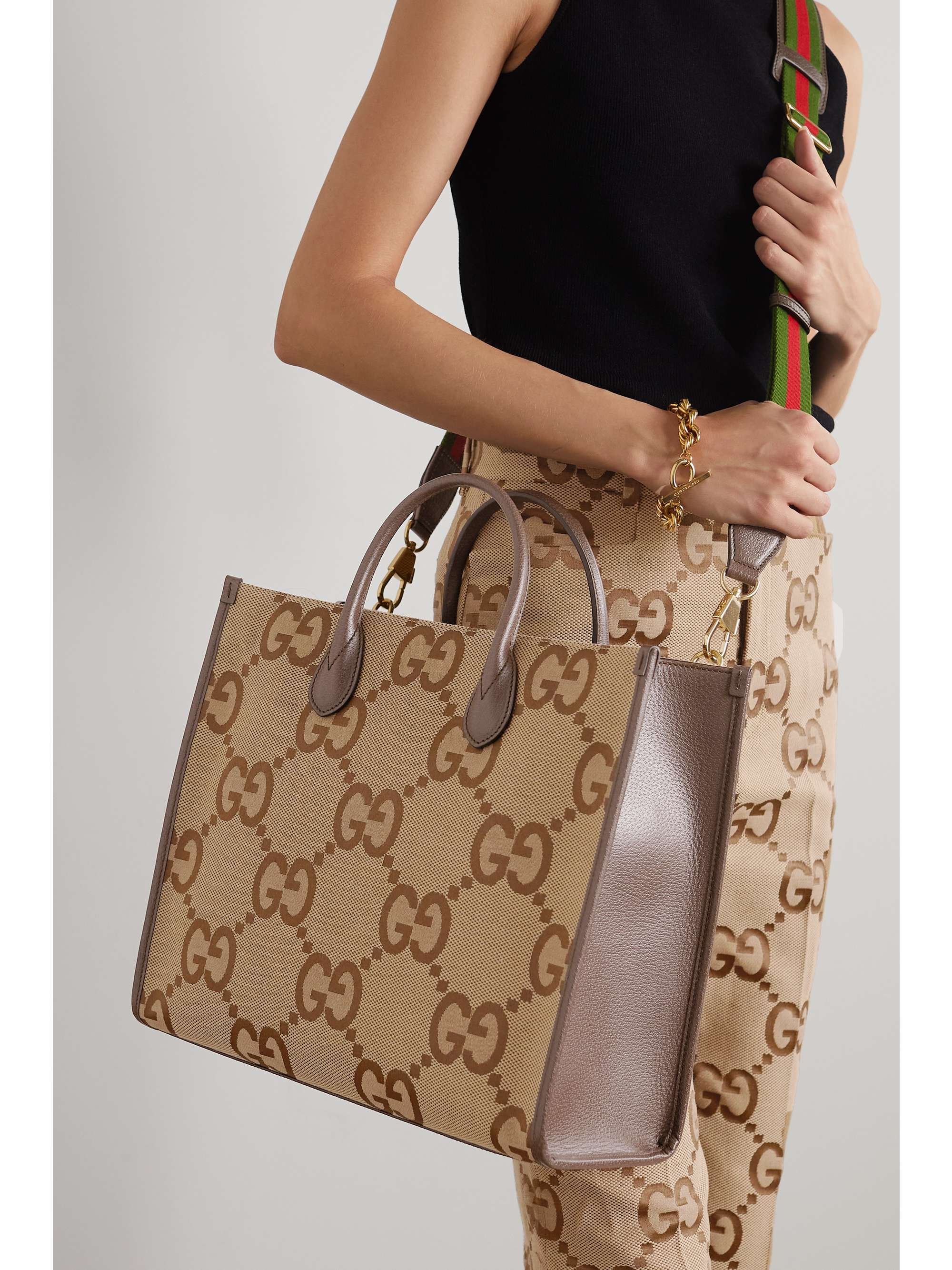 GUCCI GG Jumbo leather-trimmed canvas-jacquard tote