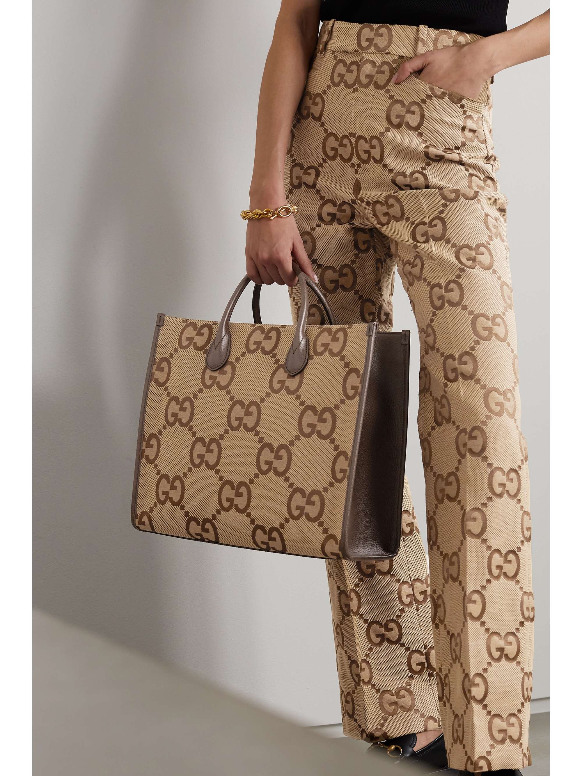 GUCCI GG Jumbo leather-trimmed canvas-jacquard tote | NET-A-PORTER