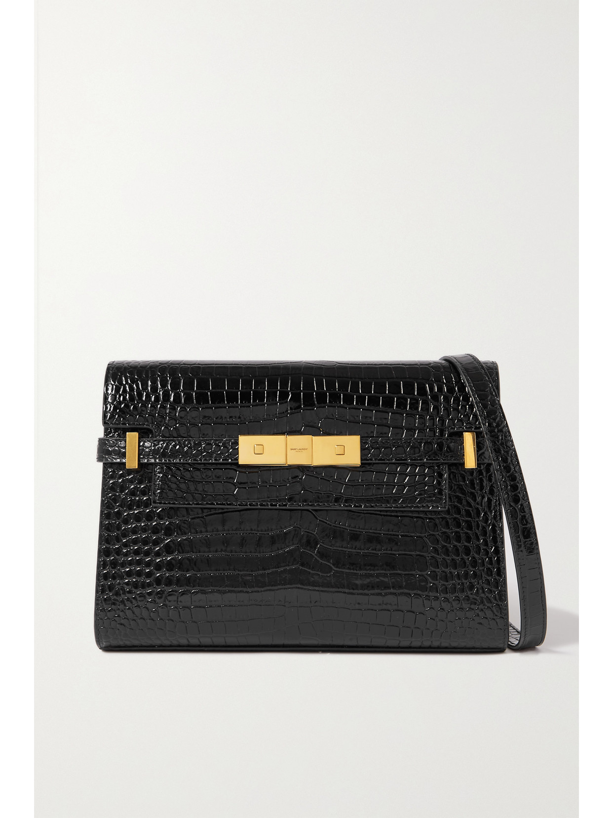 Shop Saint Laurent Manhattan Small Croc-effect Patent-leather Shoulder Bag In Black