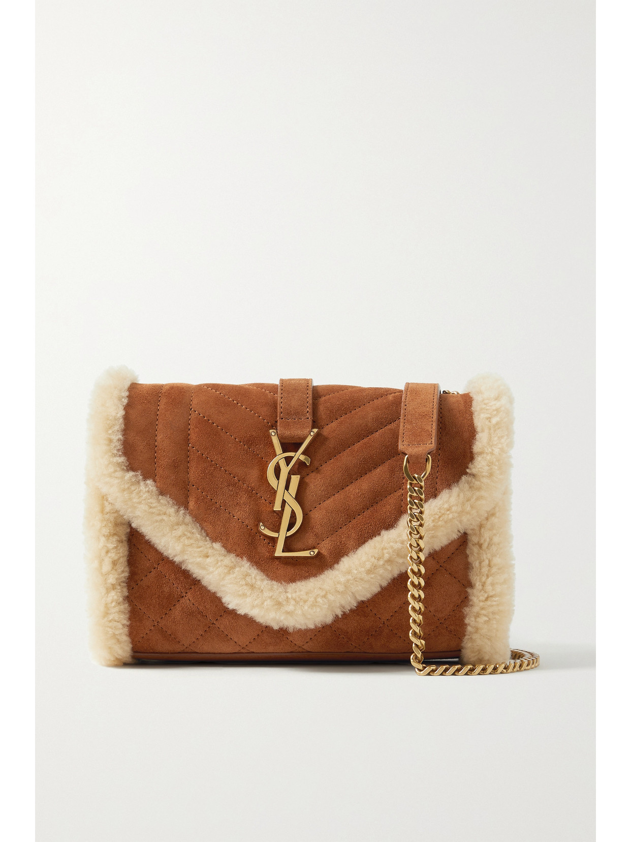 SAINT LAURENT ENVELOPE SMALL SHEARLING-TRIMMED QUILTED SUEDE SHOULDER BAG