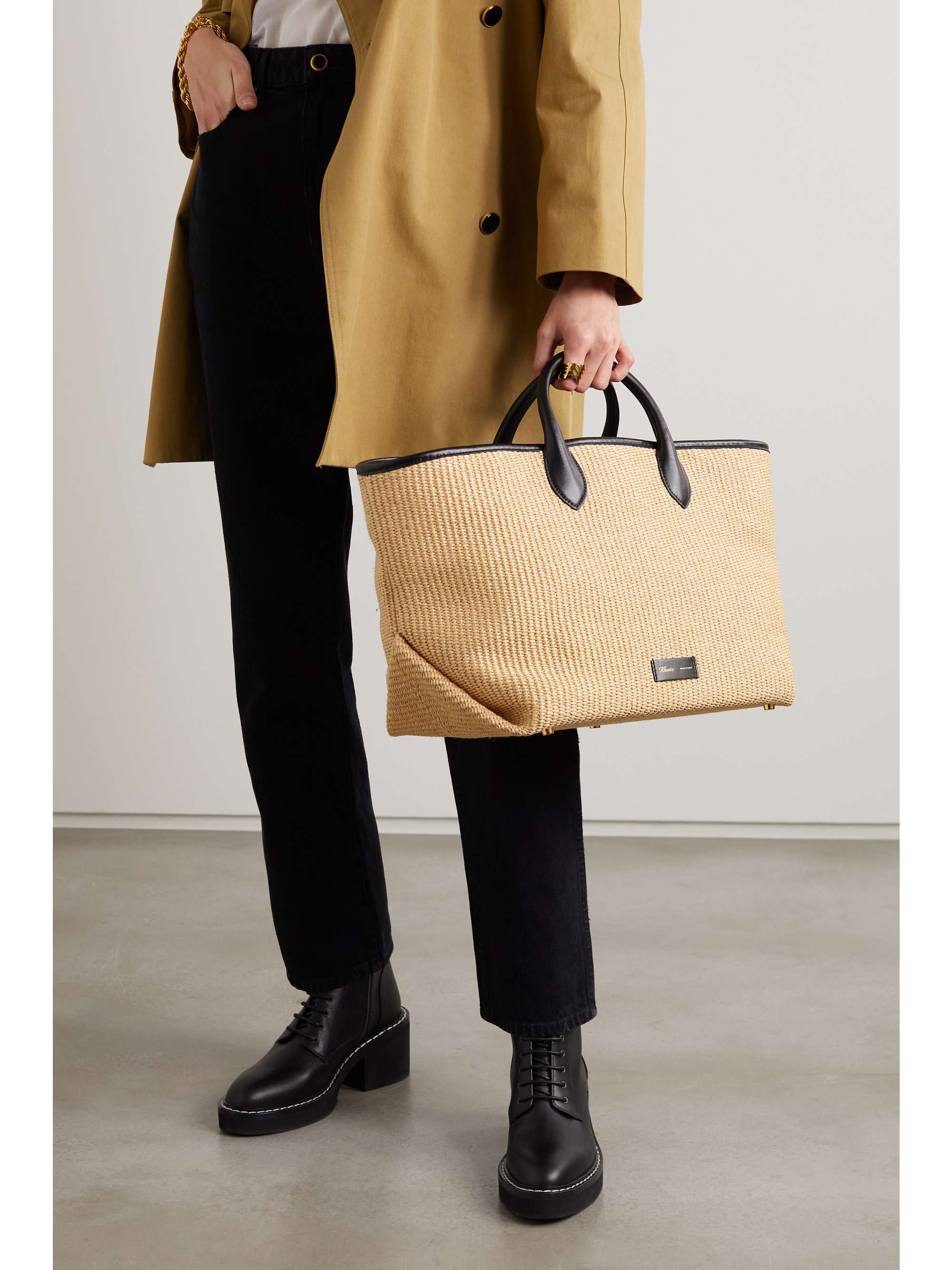 KHAITE Amelia medium leather-trimmed raffia tote