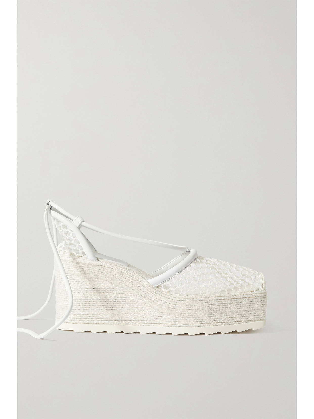 BOTTEGA VENETA LEATHER-TRIMMED MESH ESPADRILLE WEDGE SANDALS