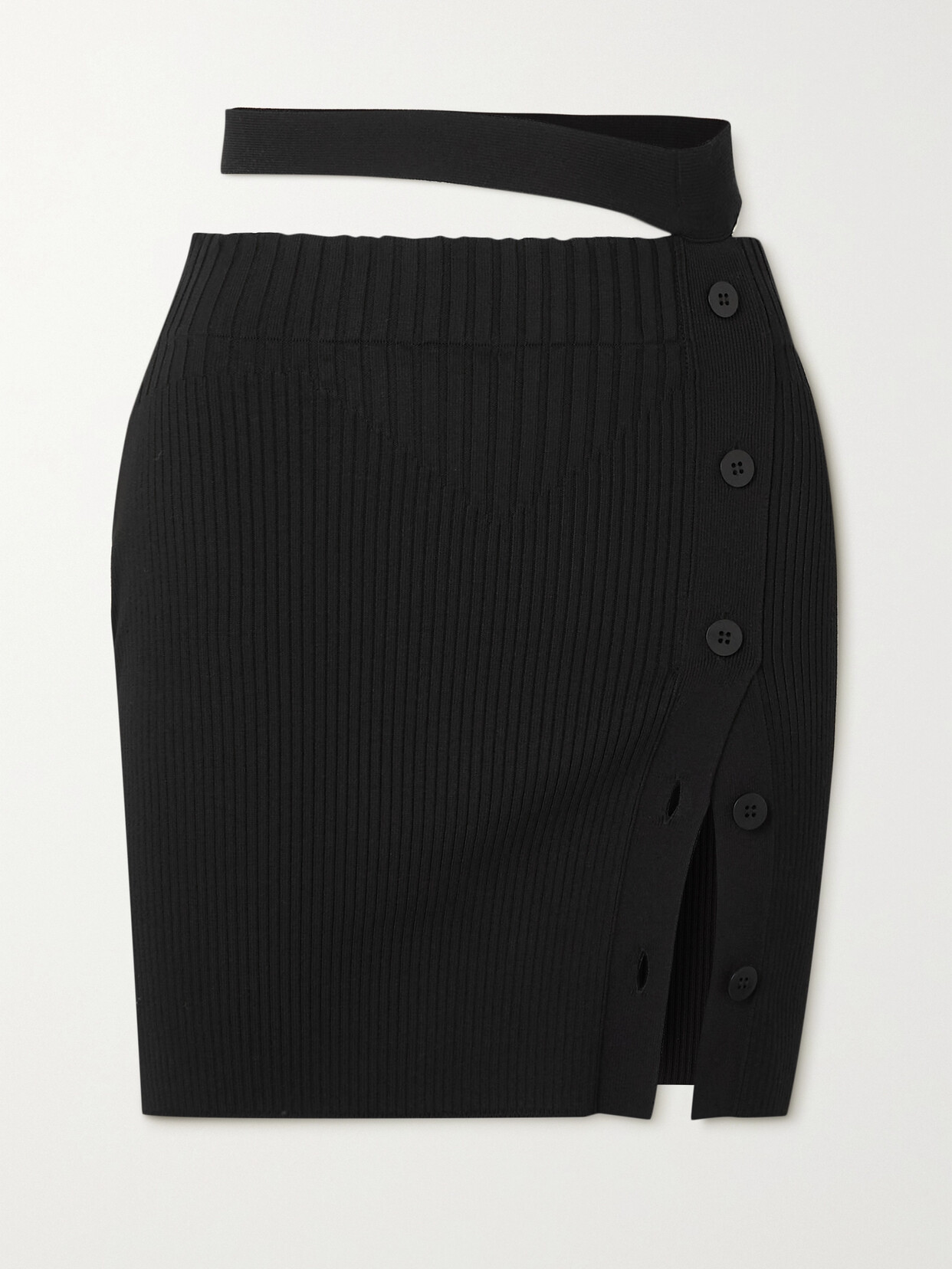 Andreädamo Cutout Button-embellished Ribbed-knit Mini Skirt In Black