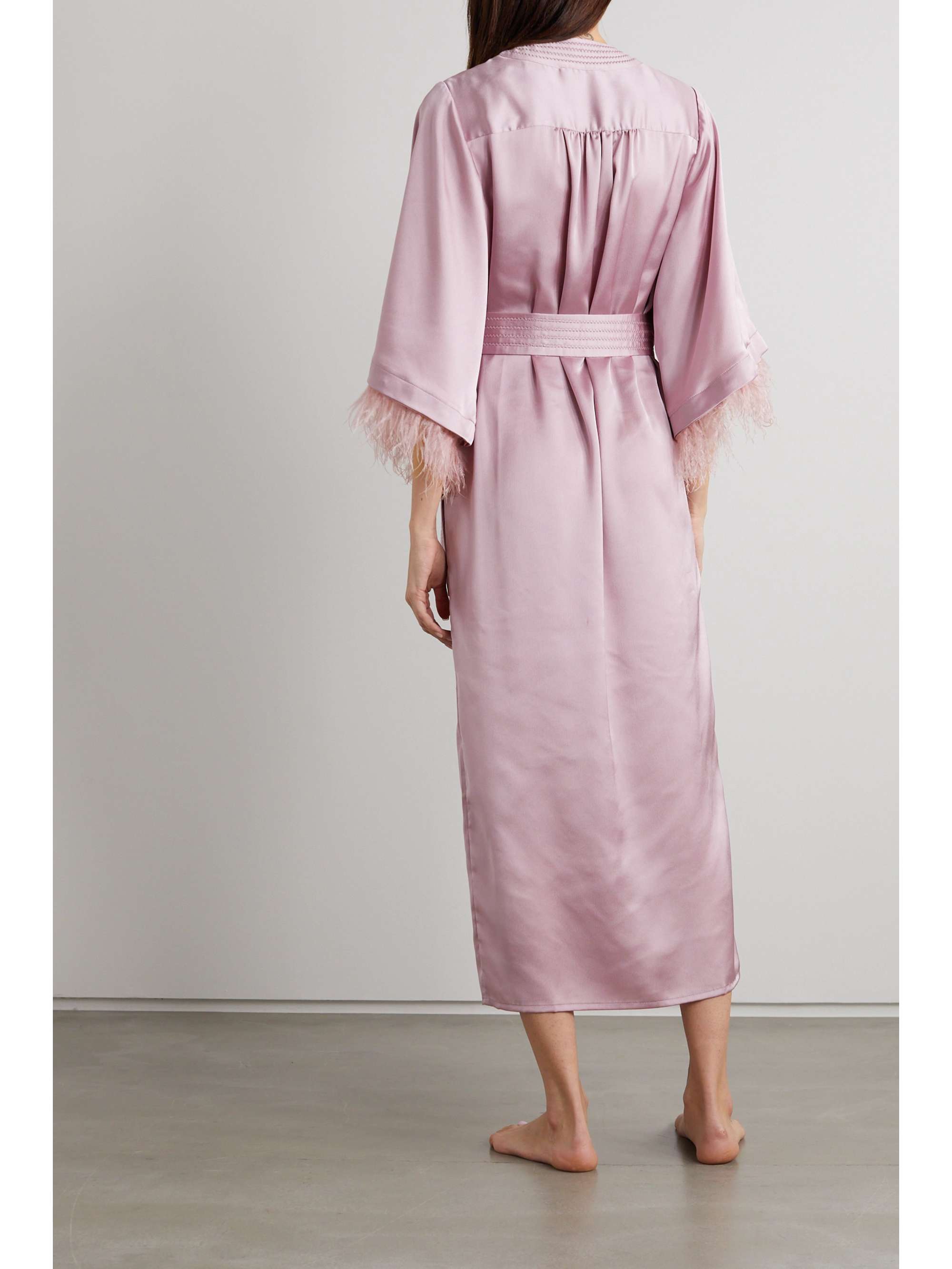 LOVE STORIES + NET SUSTAIN Patchouli feather-trimmed recycled satin robe