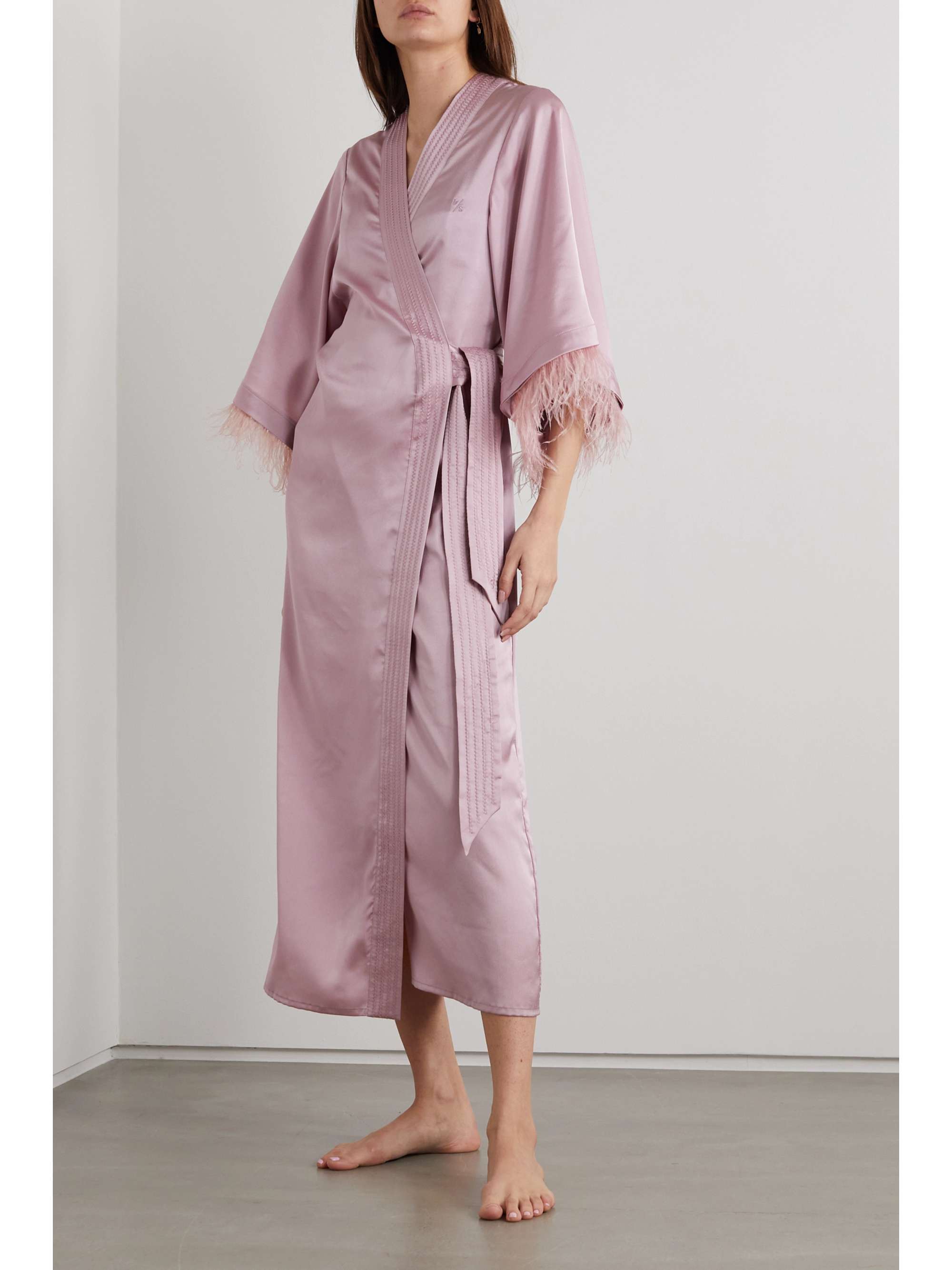 LOVE STORIES + NET SUSTAIN Patchouli feather-trimmed recycled satin robe