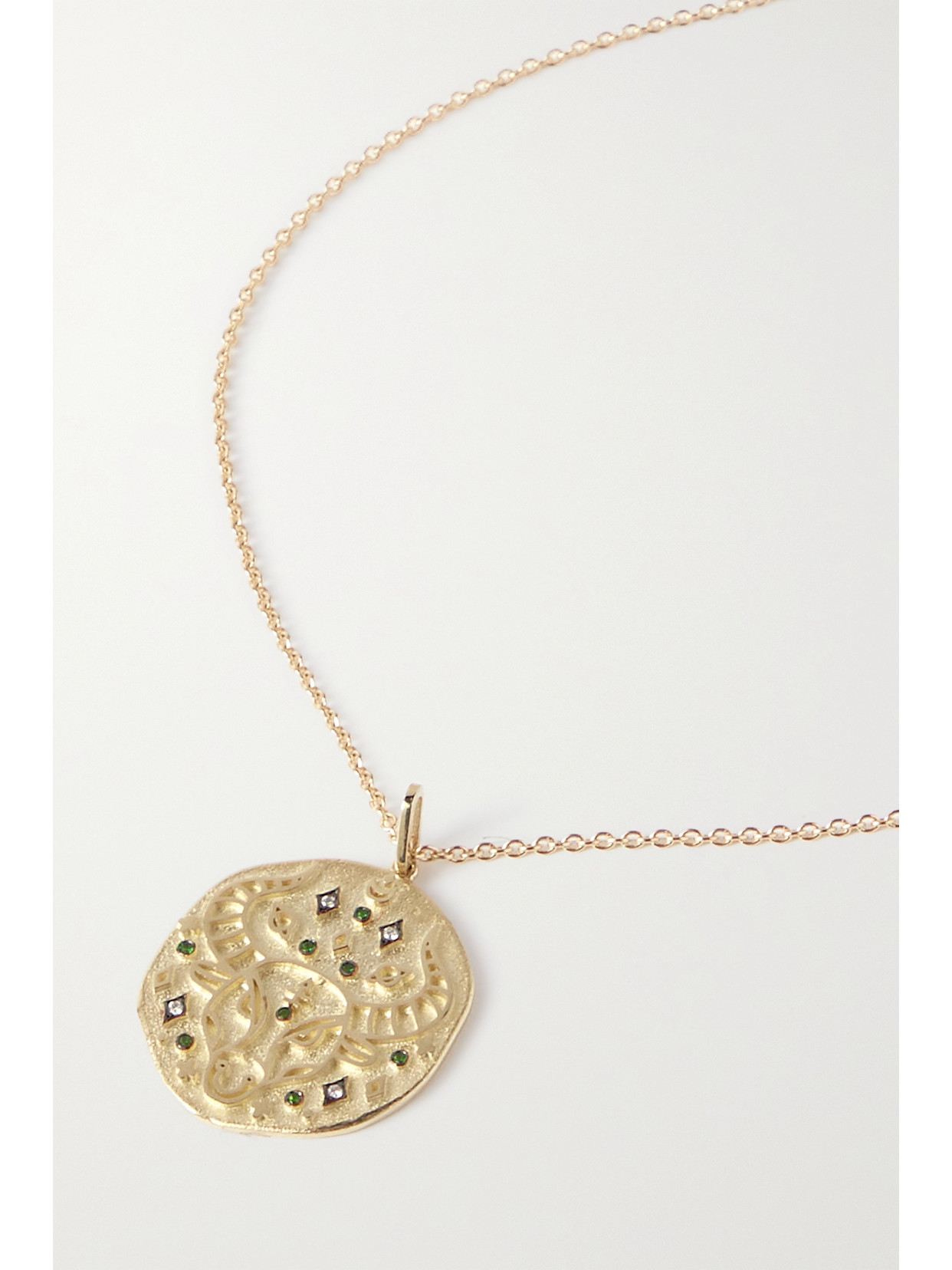 CHARMS COMPANY ZODIAC TAURUS 14-KARAT GOLD, EMERALD AND DIAMOND NECKLACE
