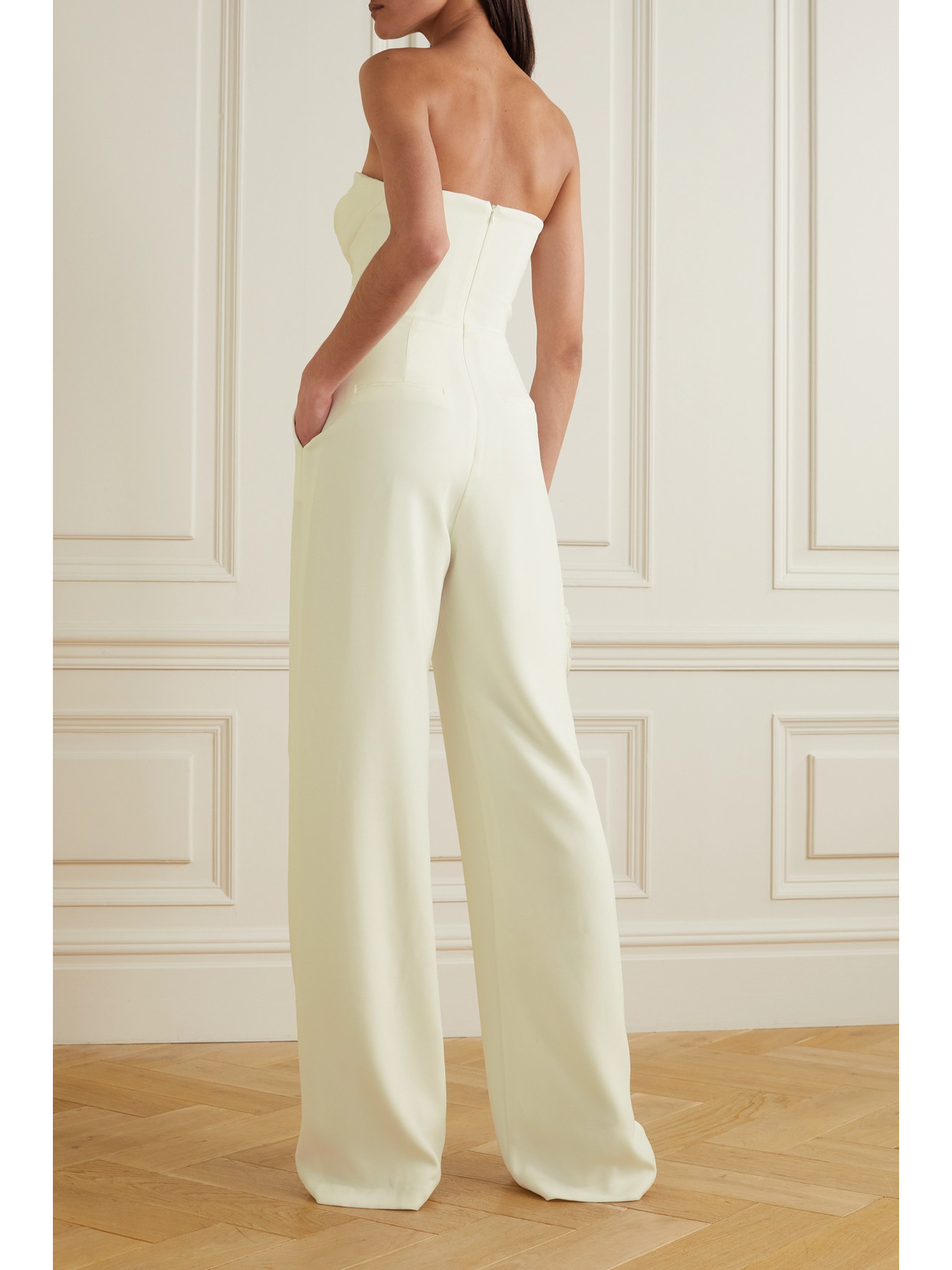 Shop Alex Perry Hayden Strapless Draped Crepe Jumpsuit In White