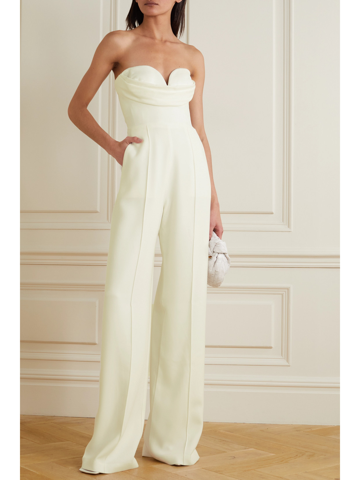 Shop Alex Perry Hayden Strapless Draped Crepe Jumpsuit In White