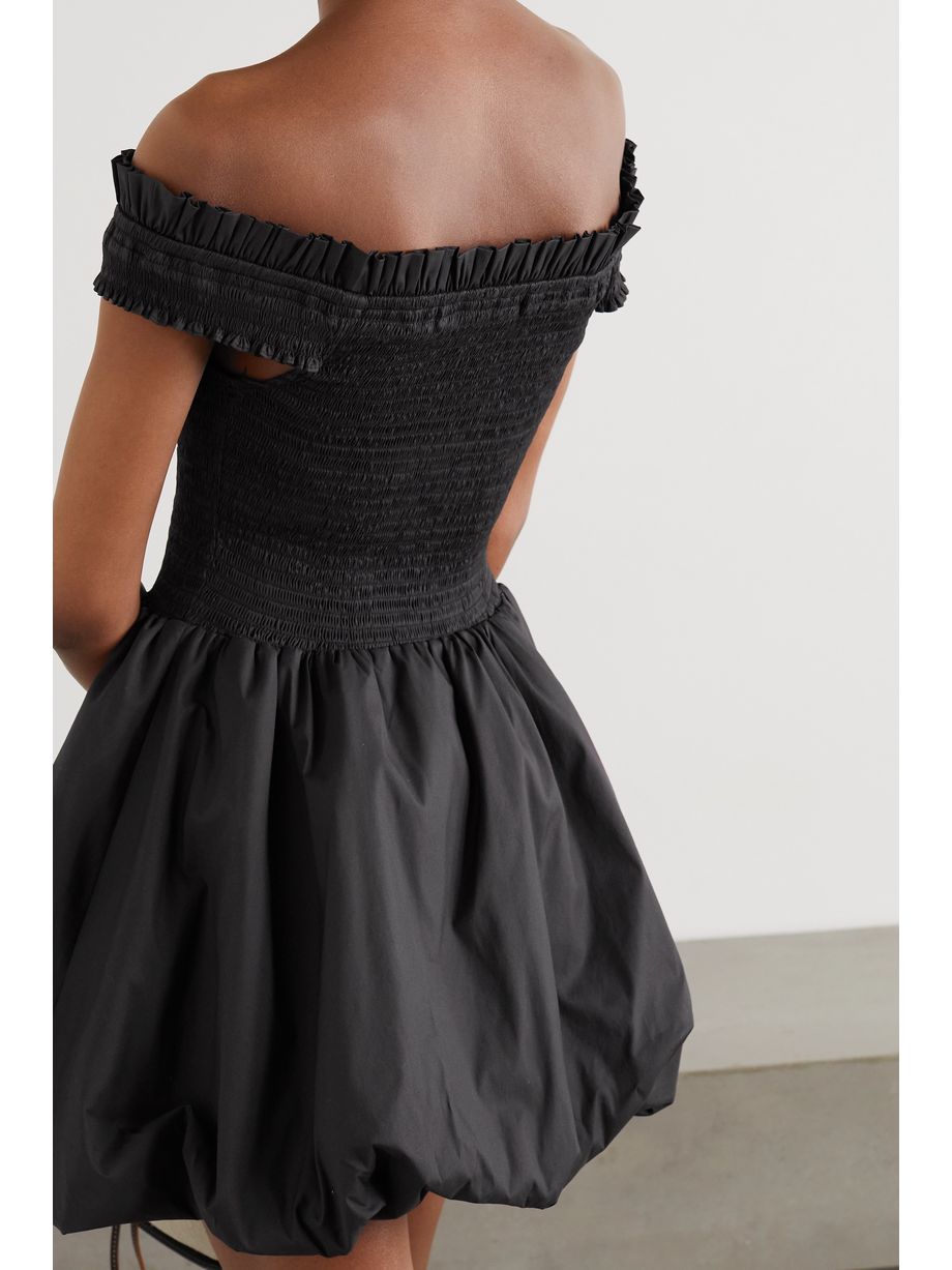 black smocked off the shoulder dress