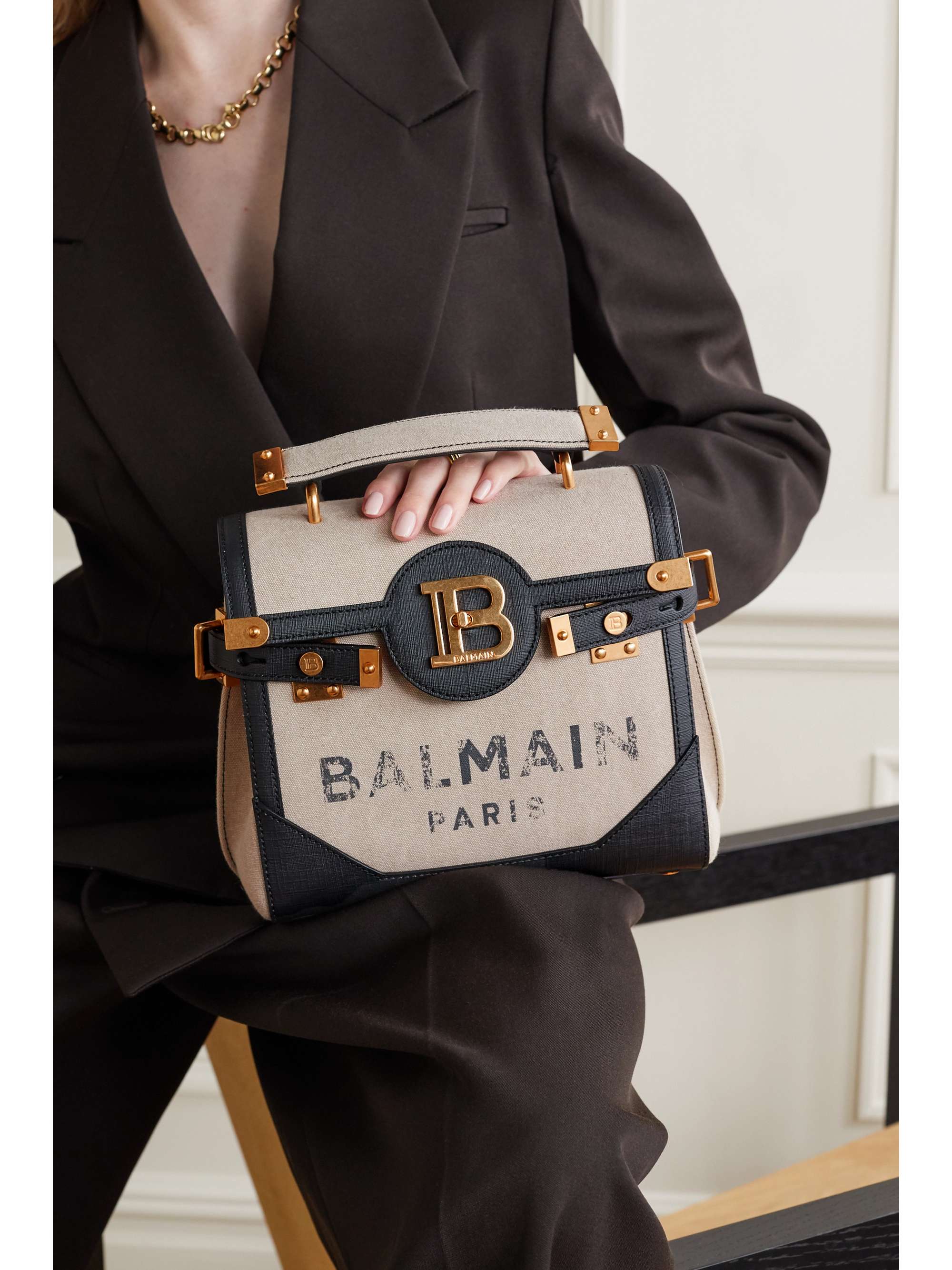 BALMAIN Sac porté épaule en toile imprimée à finitions en cuir texturé B-Buzz 23
