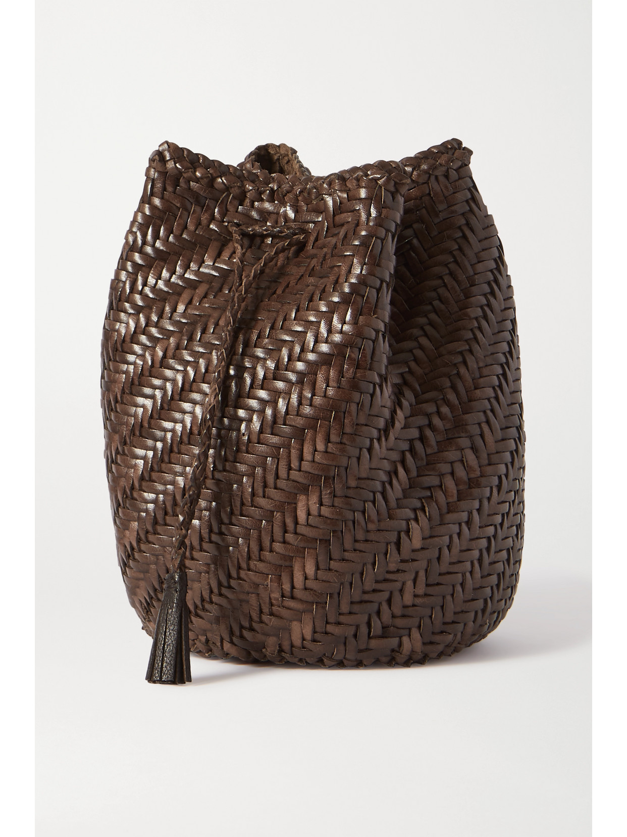 Shop Dragon Diffusion Pom Pom Double Jump Woven Leather Bucket Bag In Brown