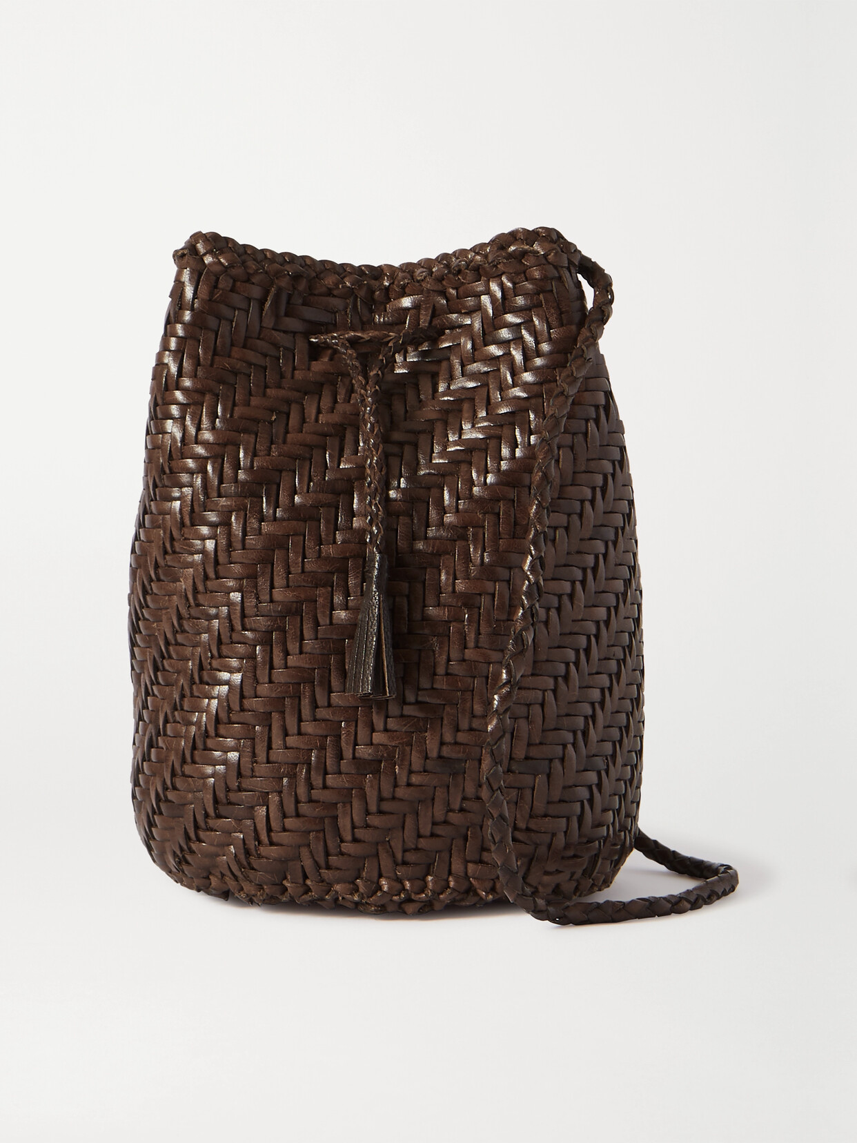 Shop Dragon Diffusion Pom Pom Double Jump Woven Leather Bucket Bag In Brown