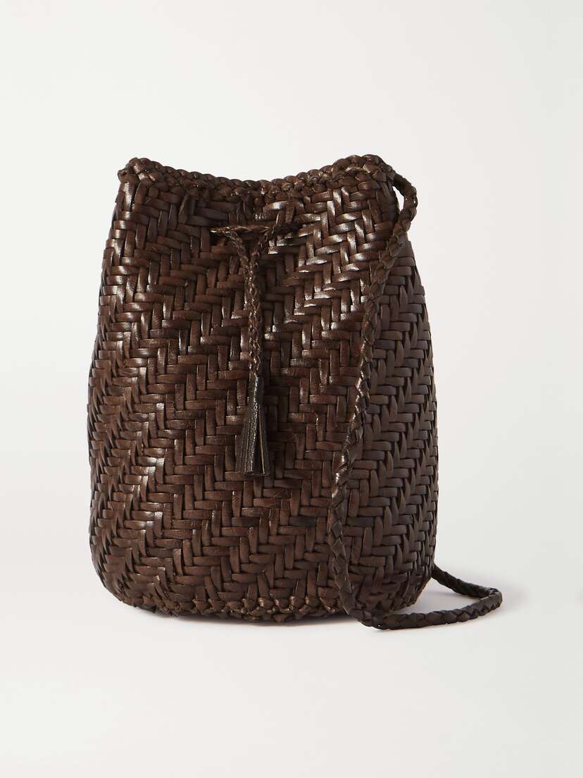 Dragon Diffusion Pom Pom Double Jump Woven Leather Bucket Bag